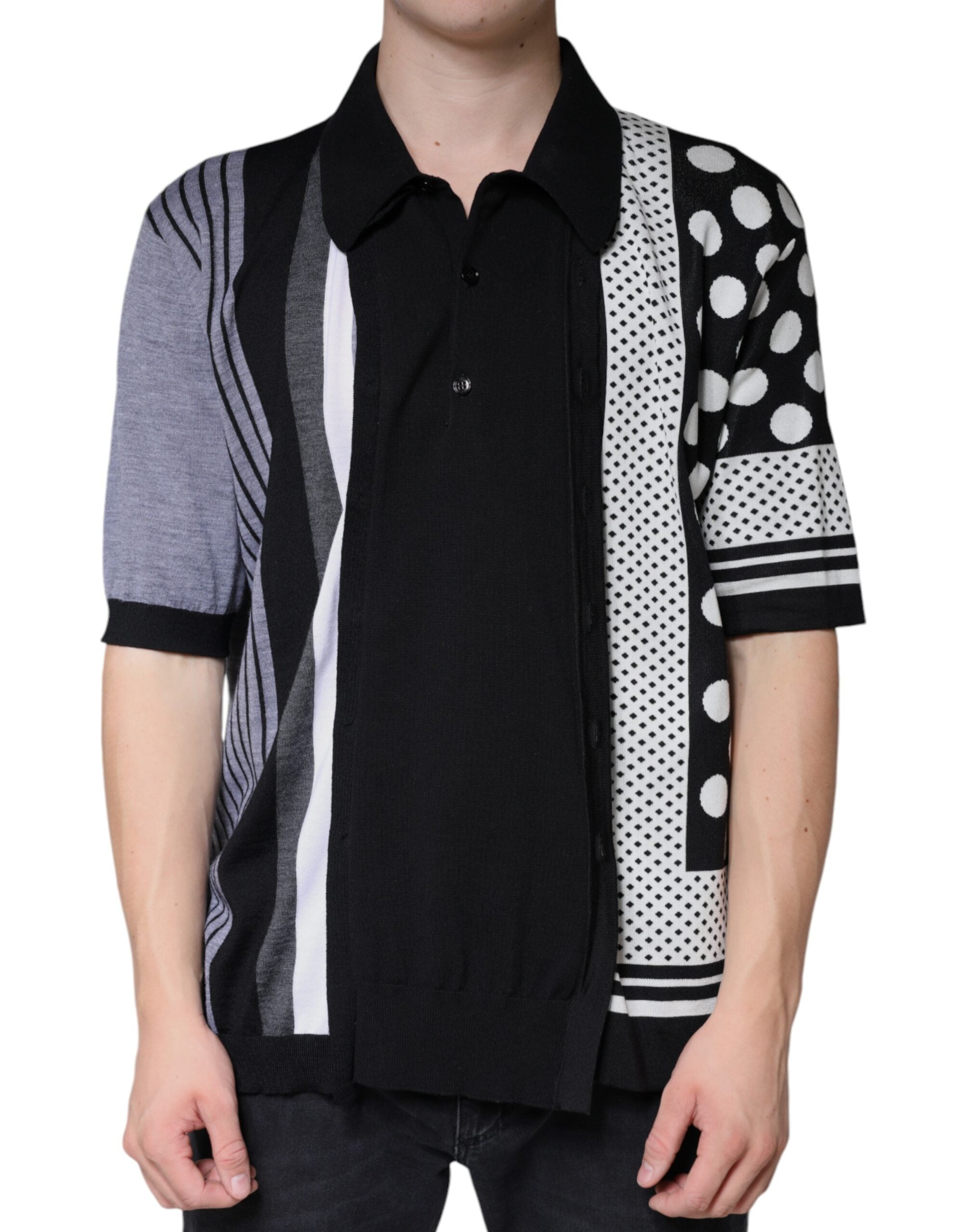 Black White Polka Dot Collared Polo T-shirt - ventzia