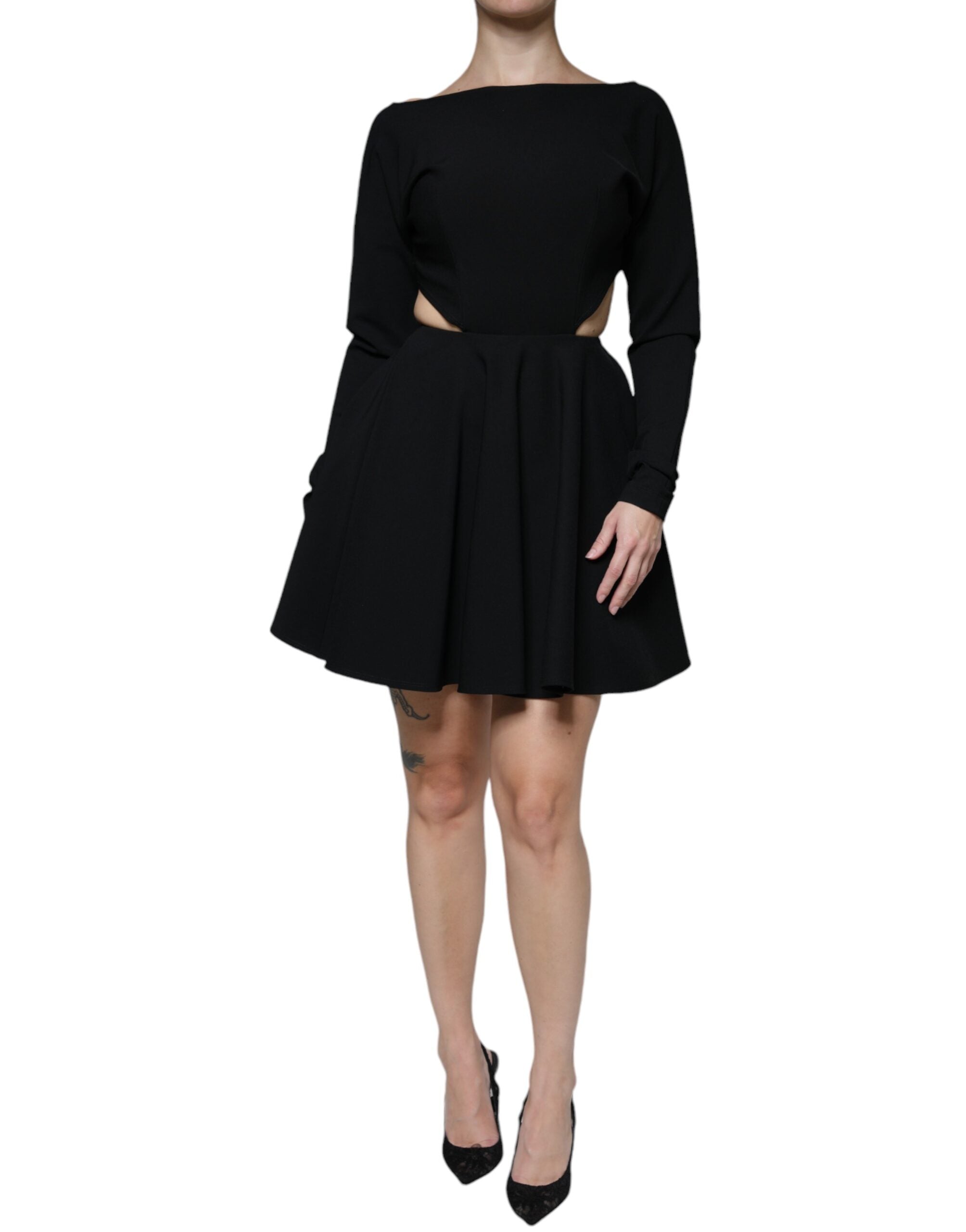 Black Viscose Cut Out A-line Long Sleeves Mini Dress - ventzia