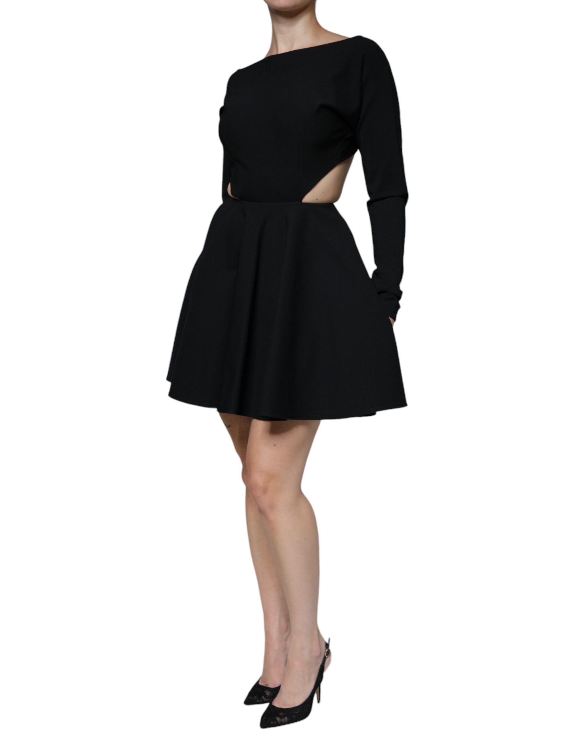 Black Viscose Cut Out A-line Long Sleeves Mini Dress - ventzia