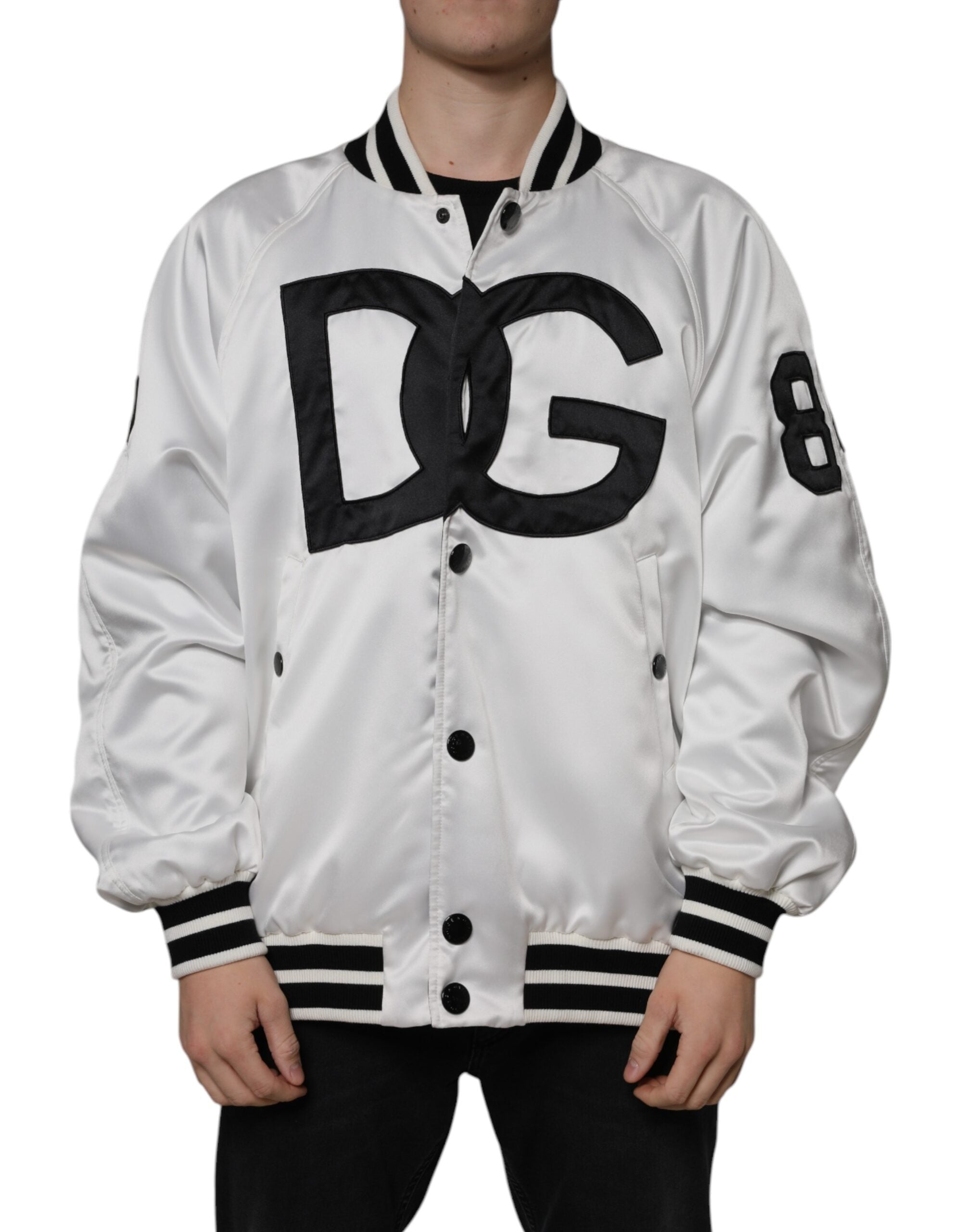 White Polyester Logo Full Zip Bomber Jacket - ventzia