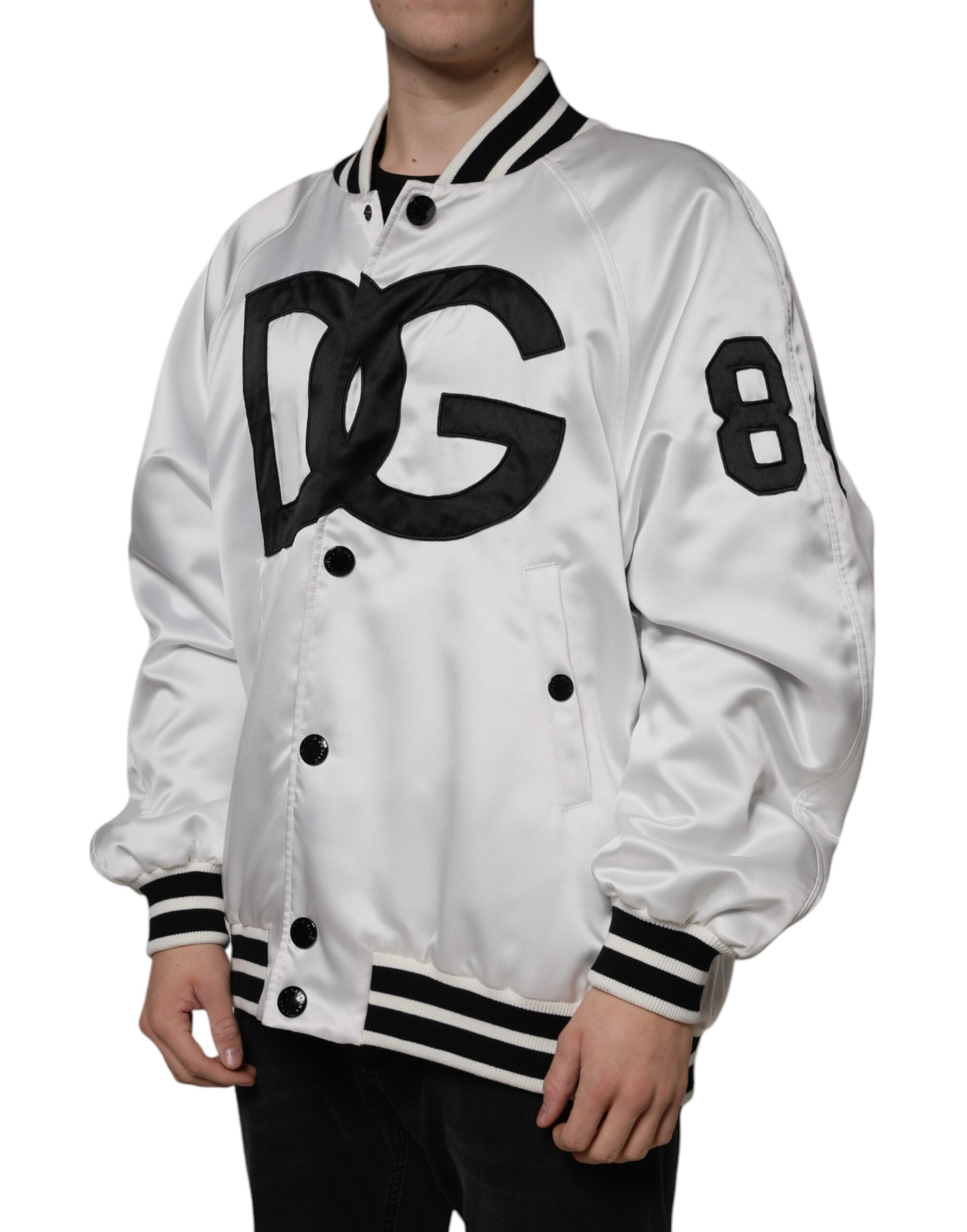 White Polyester Logo Full Zip Bomber Jacket - ventzia