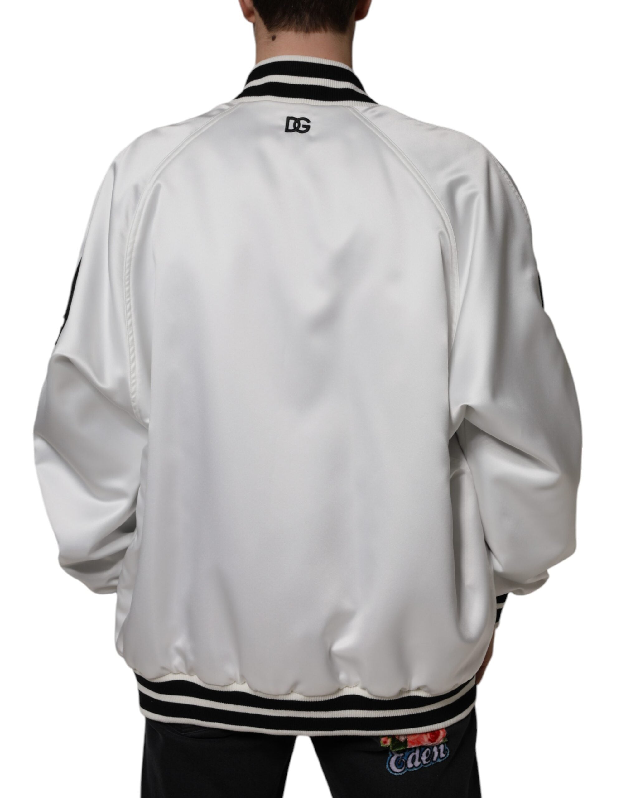 White Polyester Logo Full Zip Bomber Jacket - ventzia