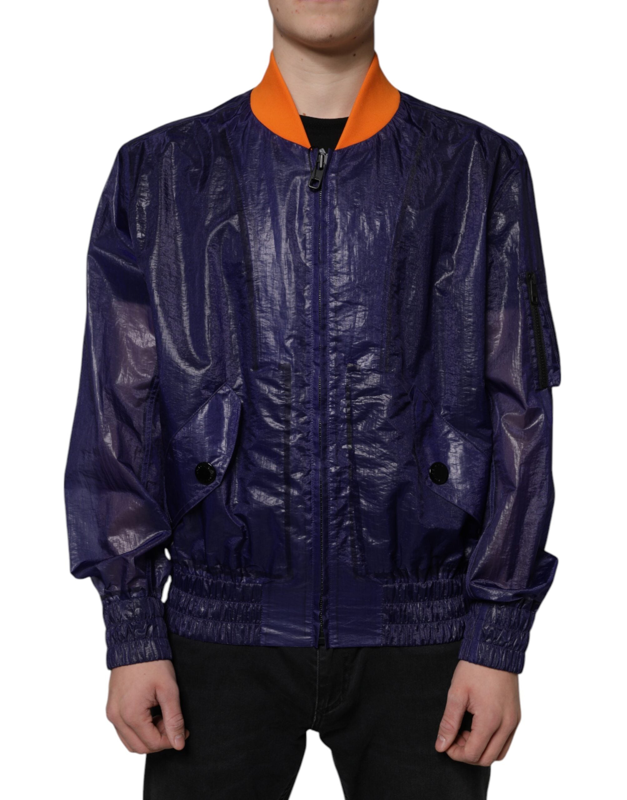 Blue Cotton Stretch Full Zip Bomber Jacket - ventzia