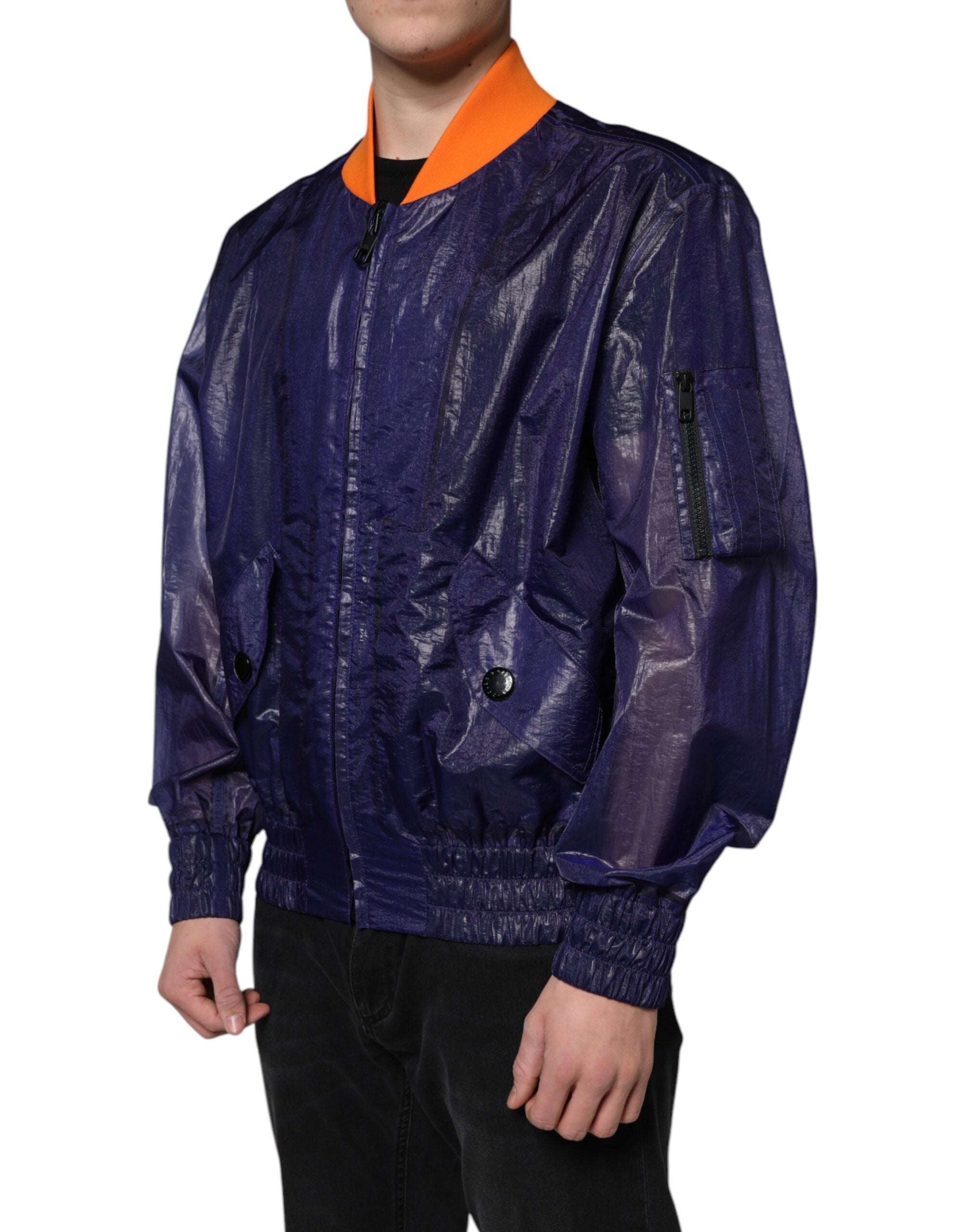 Blue Cotton Stretch Full Zip Bomber Jacket - ventzia