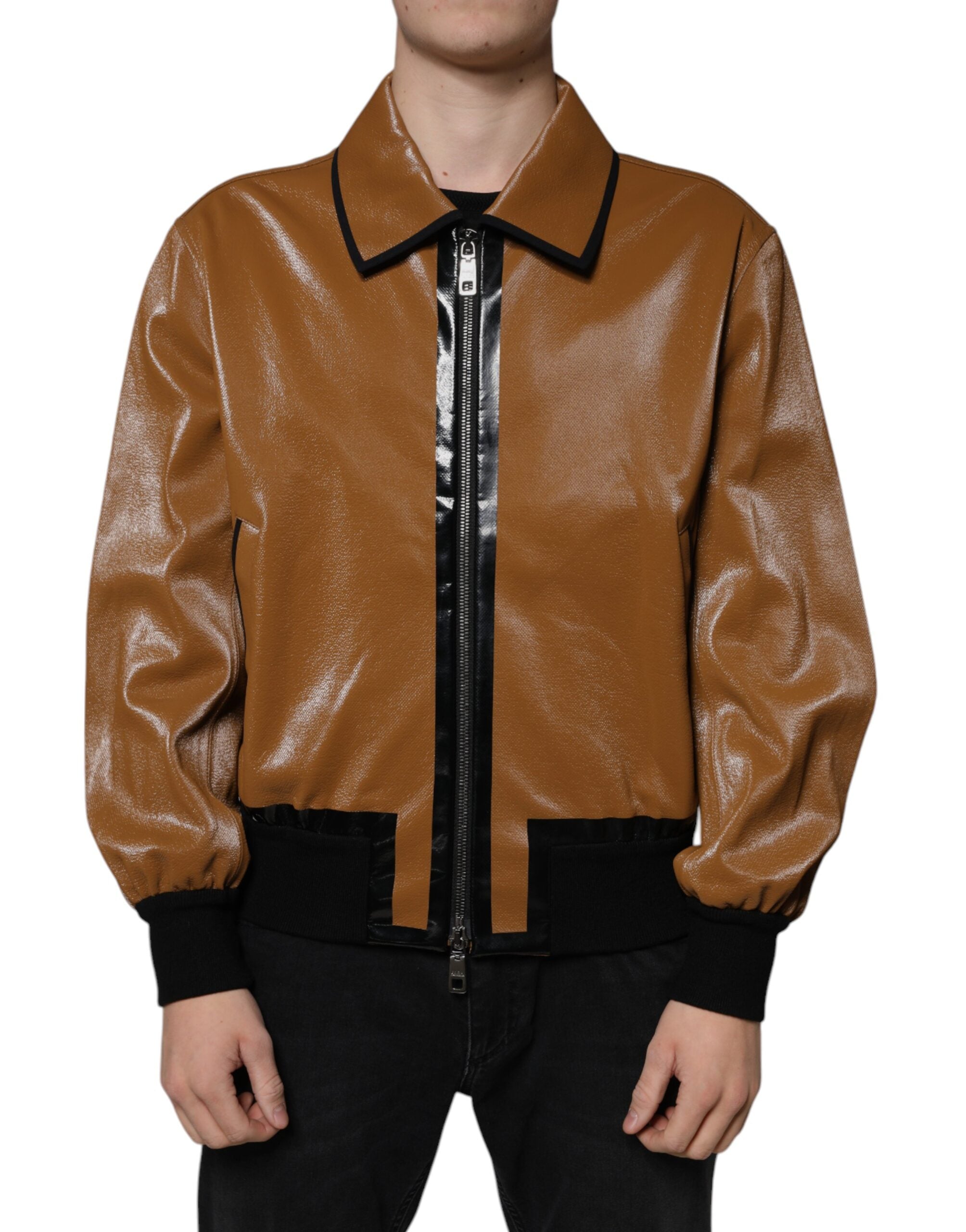 Brown Leather Full Zip Men Bomber Jacket - ventzia