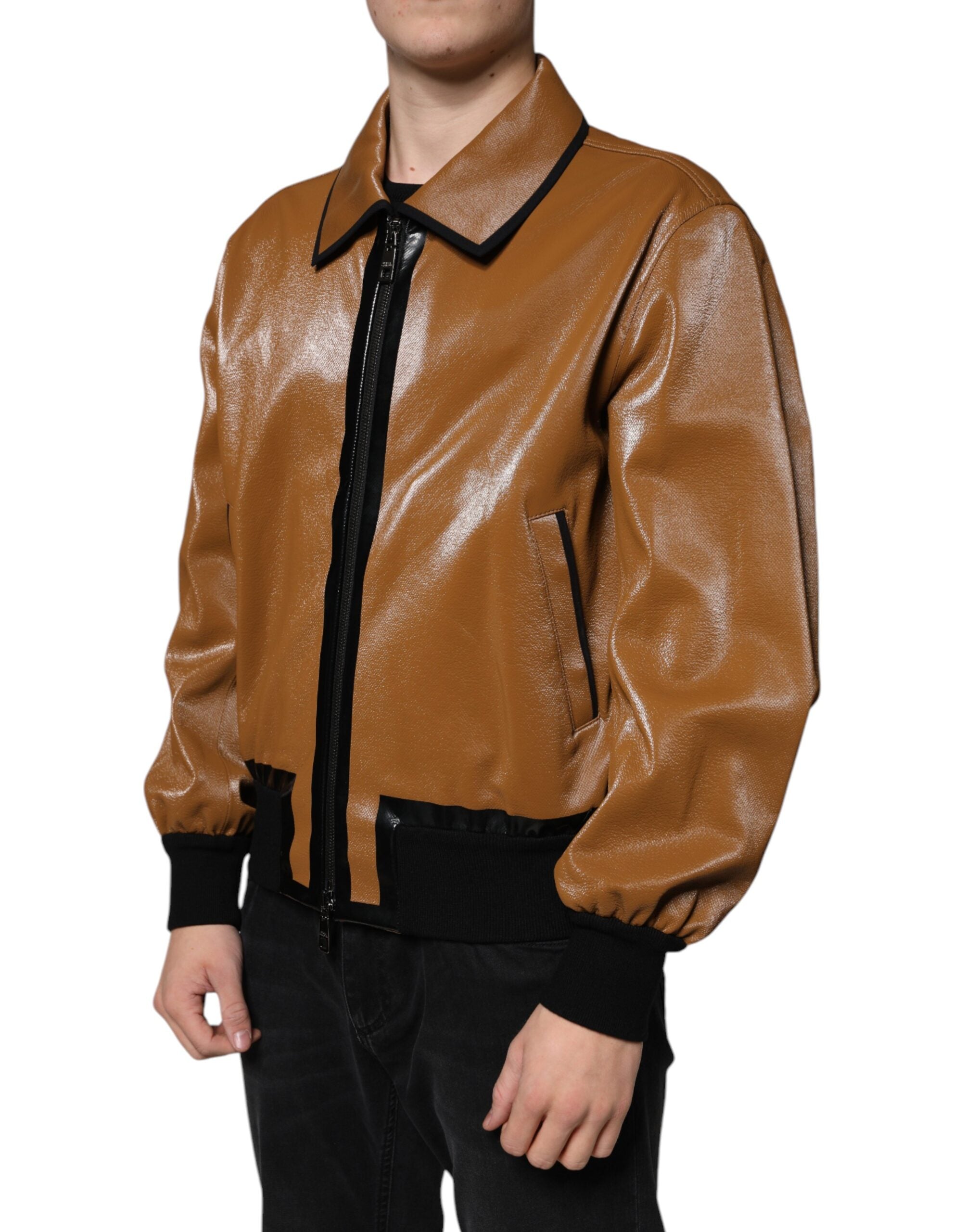 Brown Leather Full Zip Men Bomber Jacket - ventzia