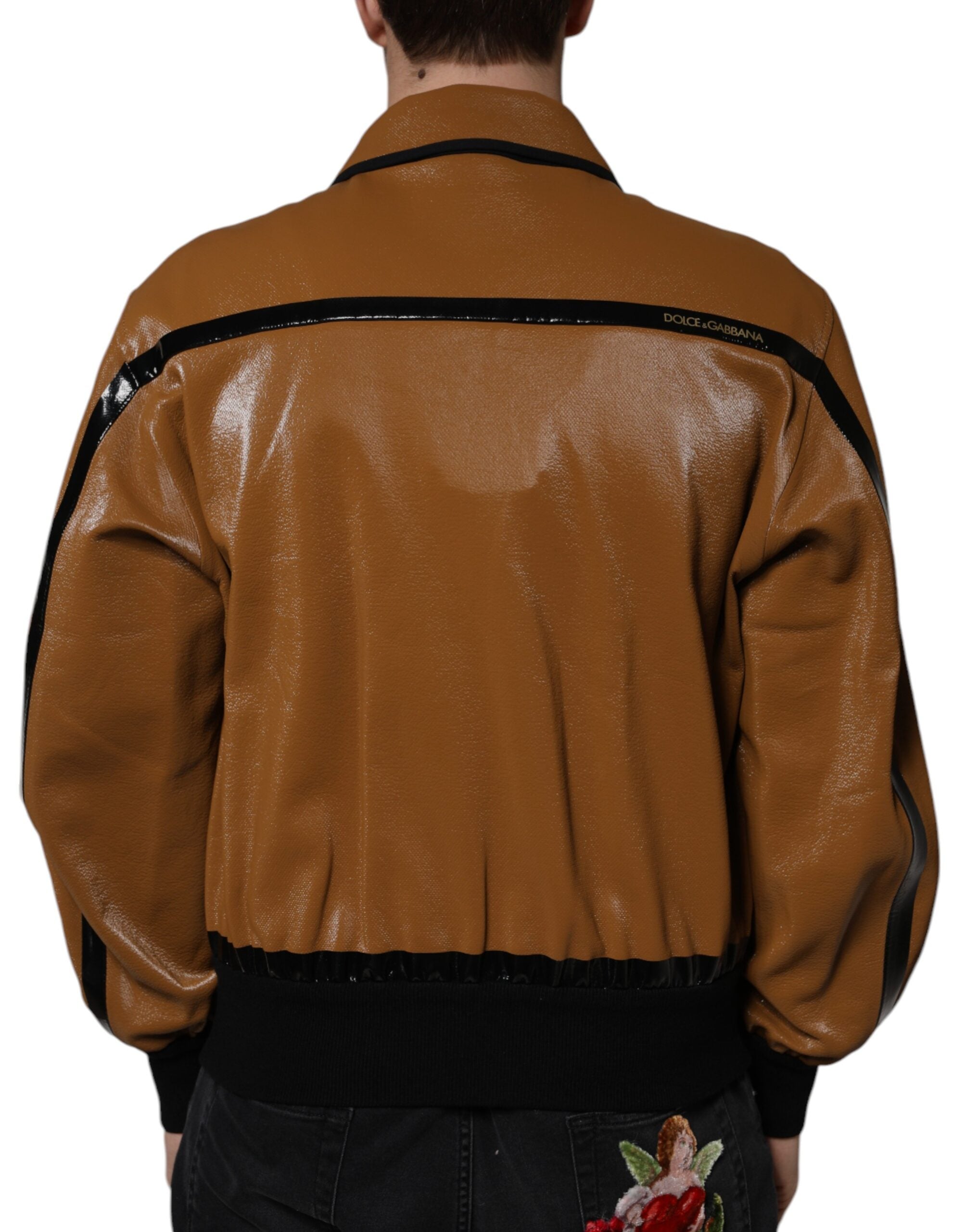 Brown Leather Full Zip Men Bomber Jacket - ventzia