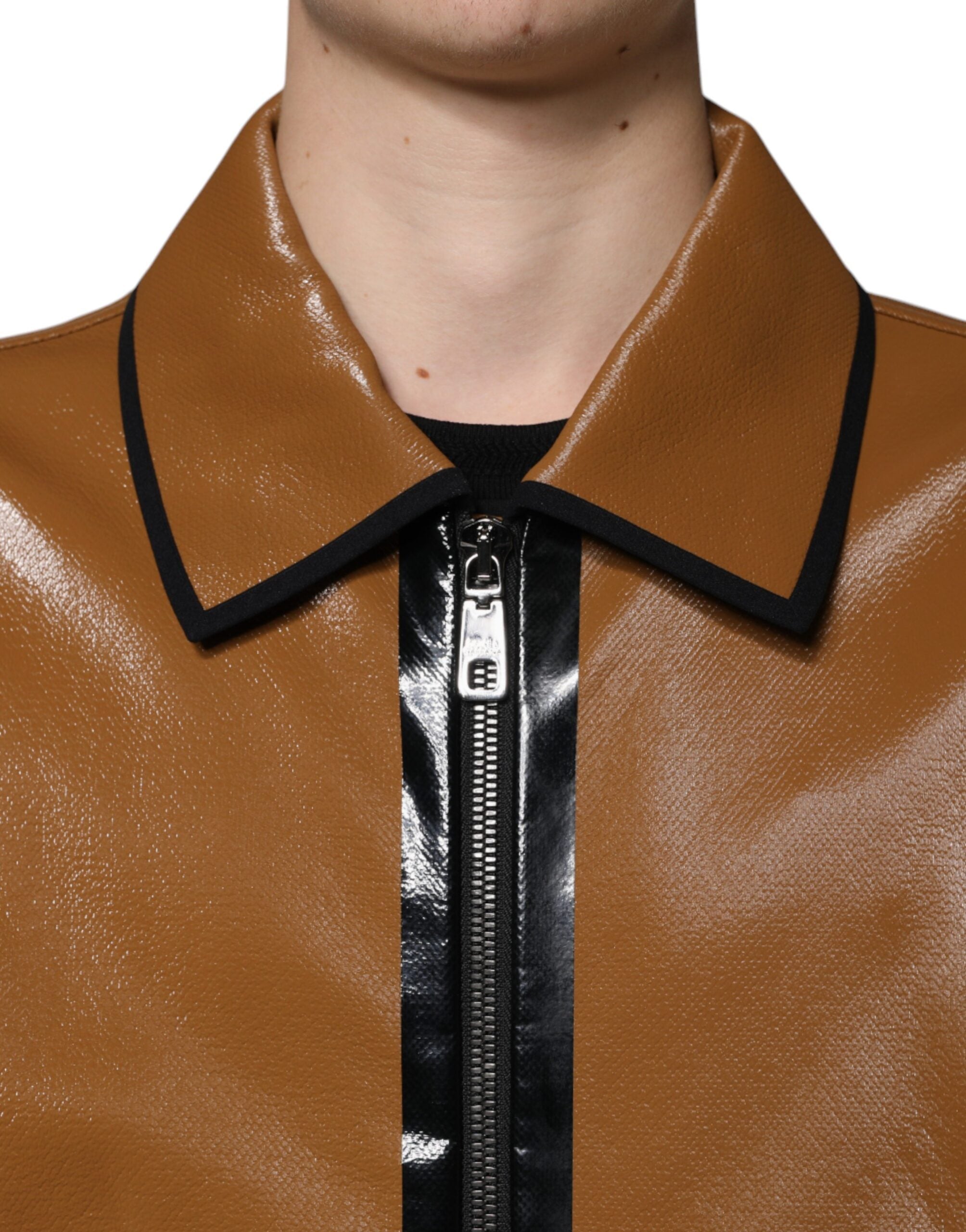Brown Leather Full Zip Men Bomber Jacket - ventzia