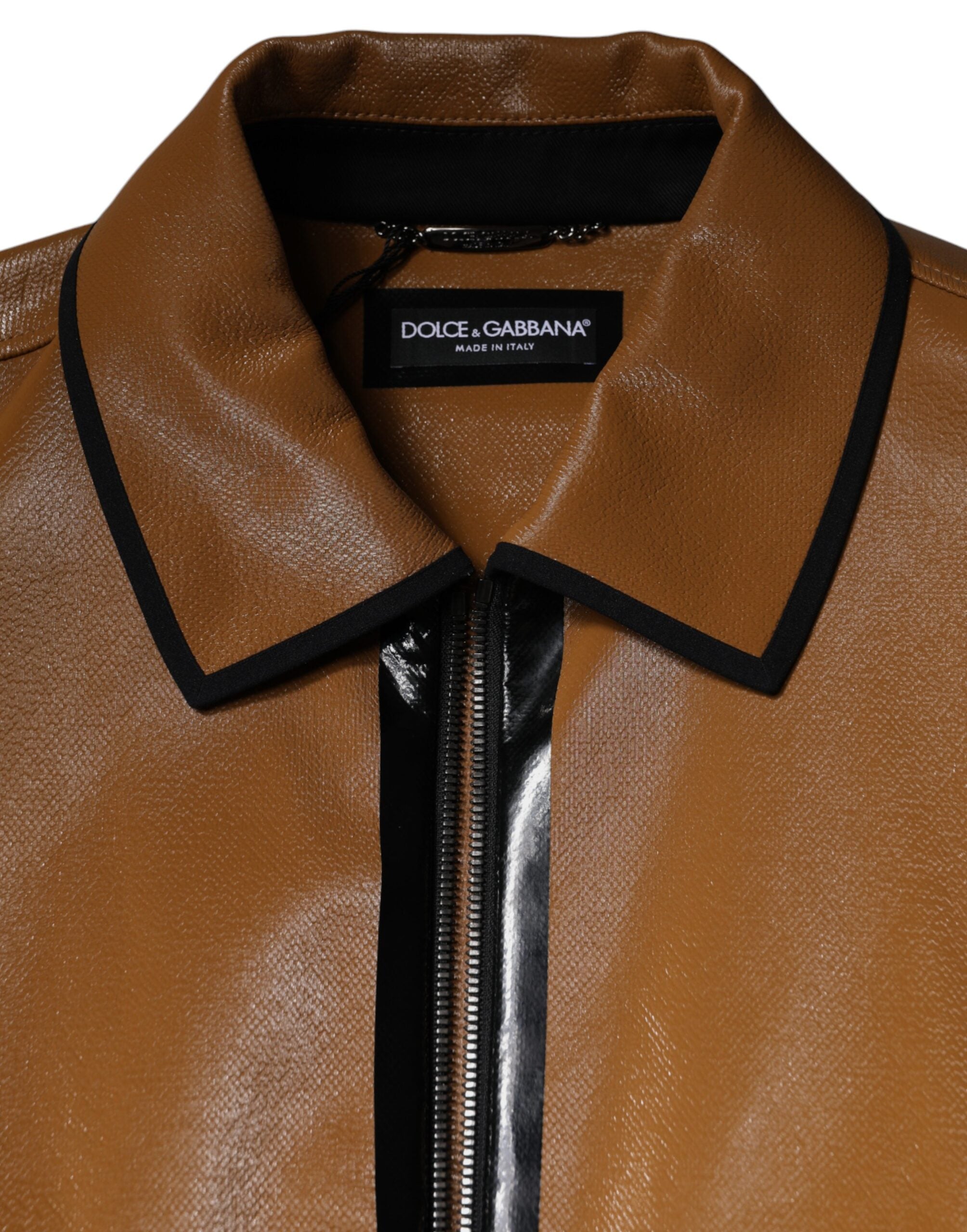 Brown Leather Full Zip Men Bomber Jacket - ventzia