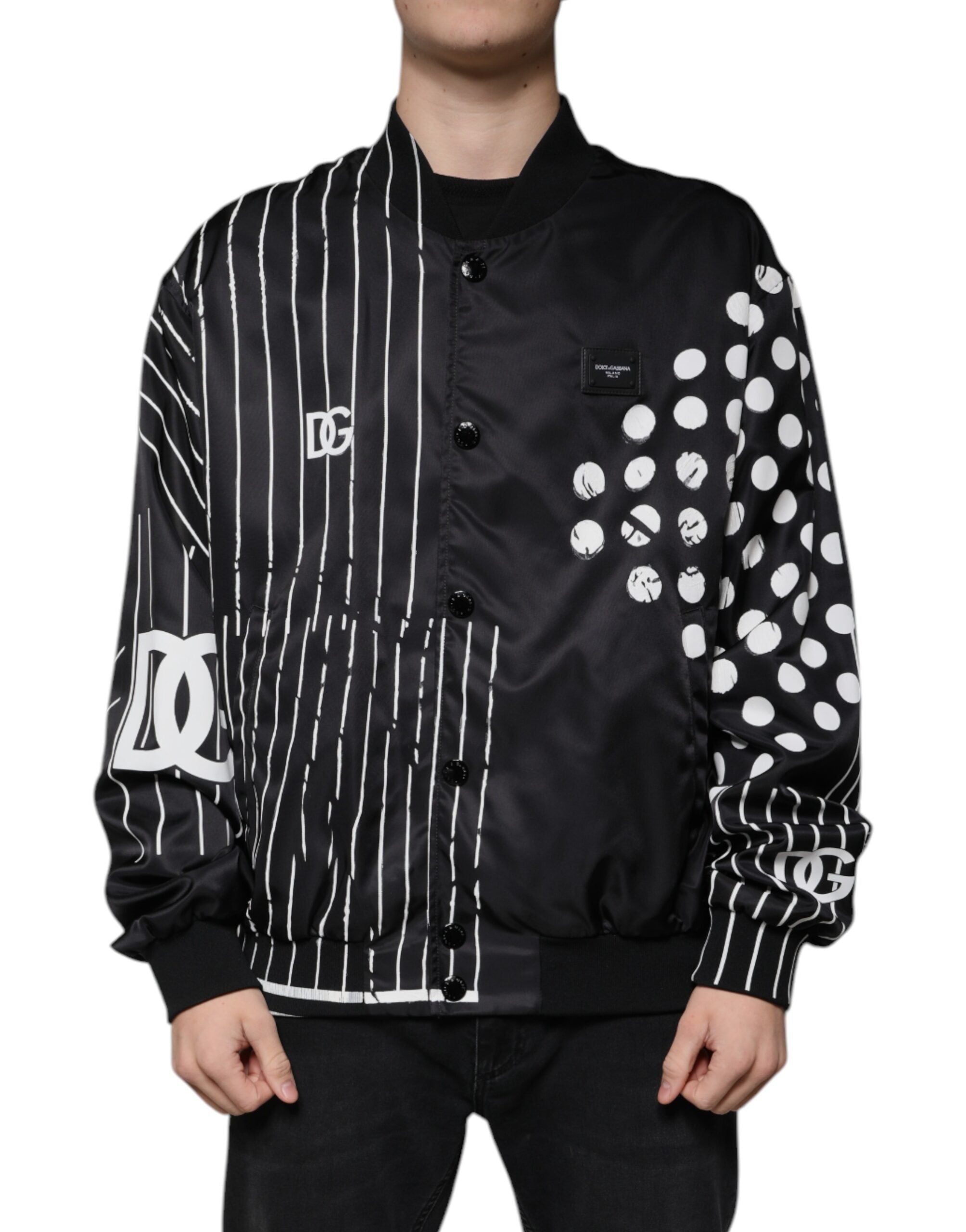 Black Polka Dot Stripe Nylon Bomber Jacket - ventzia