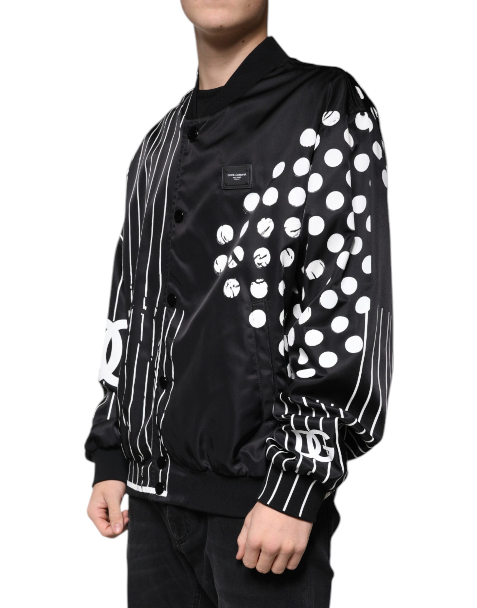 Black Polka Dot Stripe Nylon Bomber Jacket - ventzia