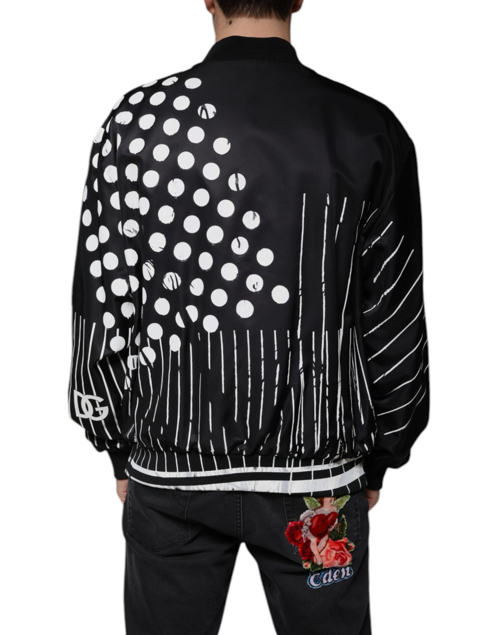 Black Polka Dot Stripe Nylon Bomber Jacket - ventzia