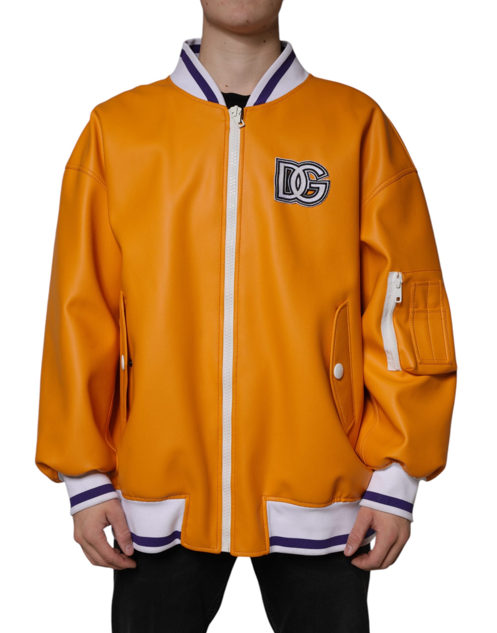 Orange White Full Zip Jersey Bomber Jacket - ventzia