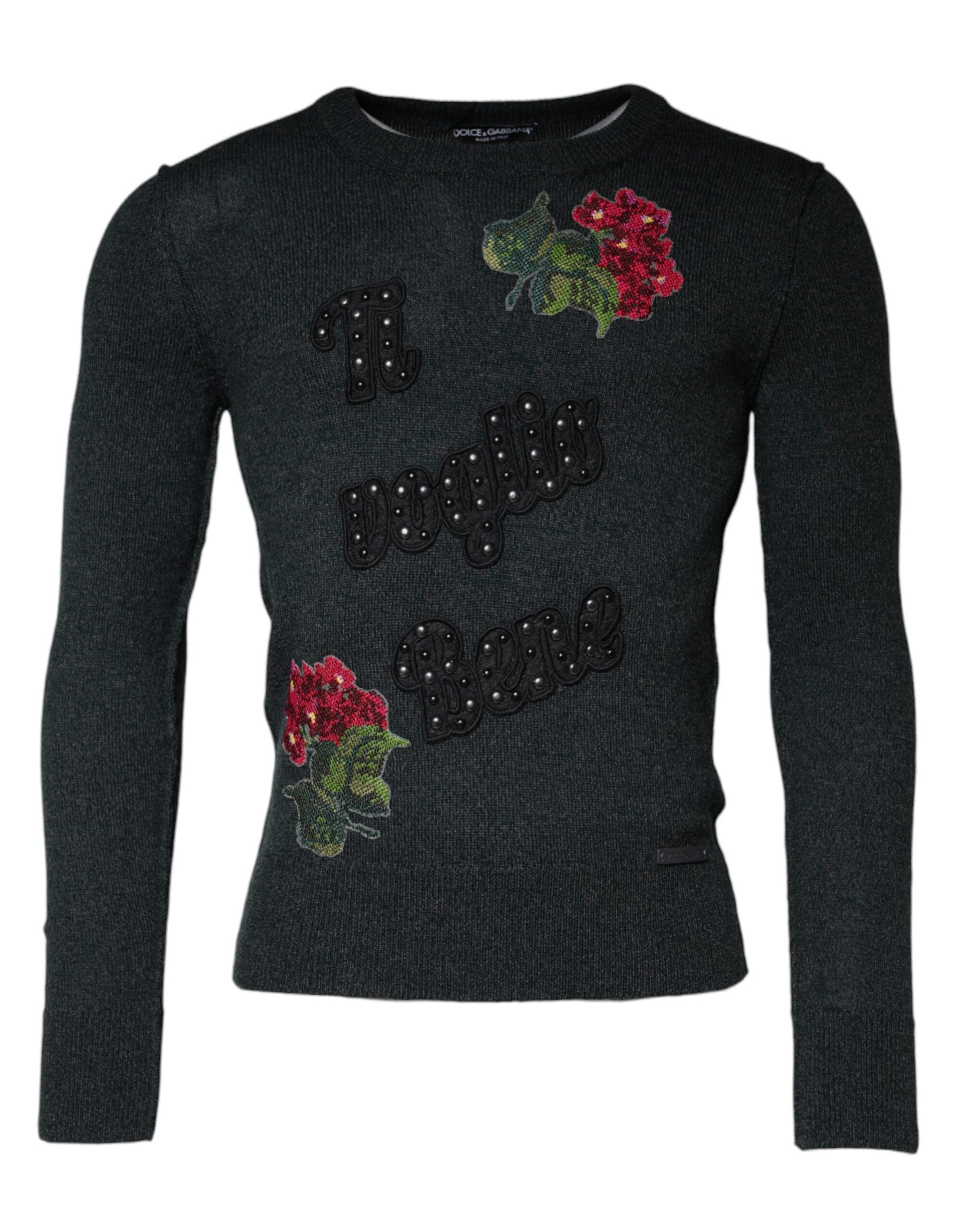 Gray Embellished Crew Neck Pullover Sweater - ventzia