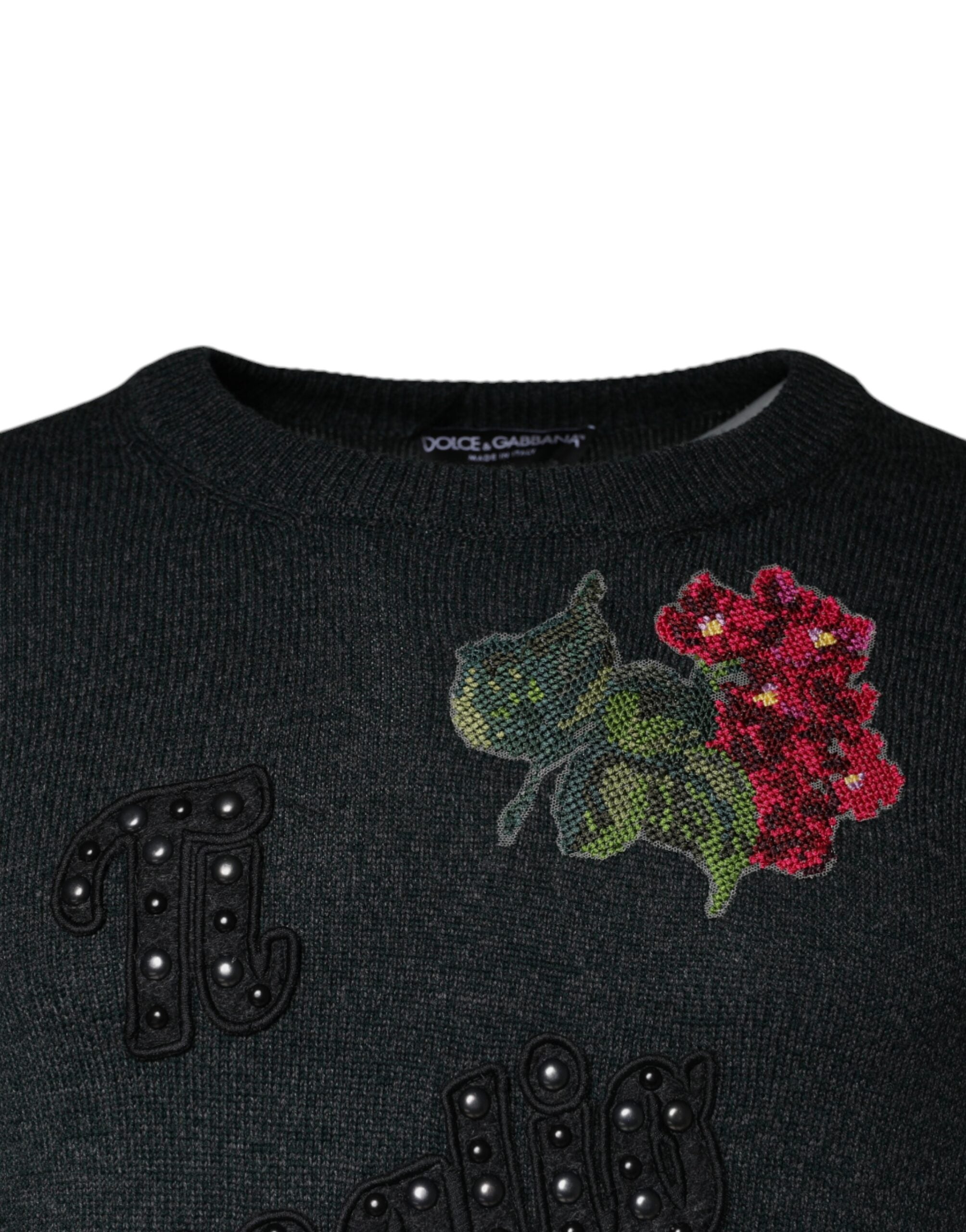 Gray Embellished Crew Neck Pullover Sweater - ventzia