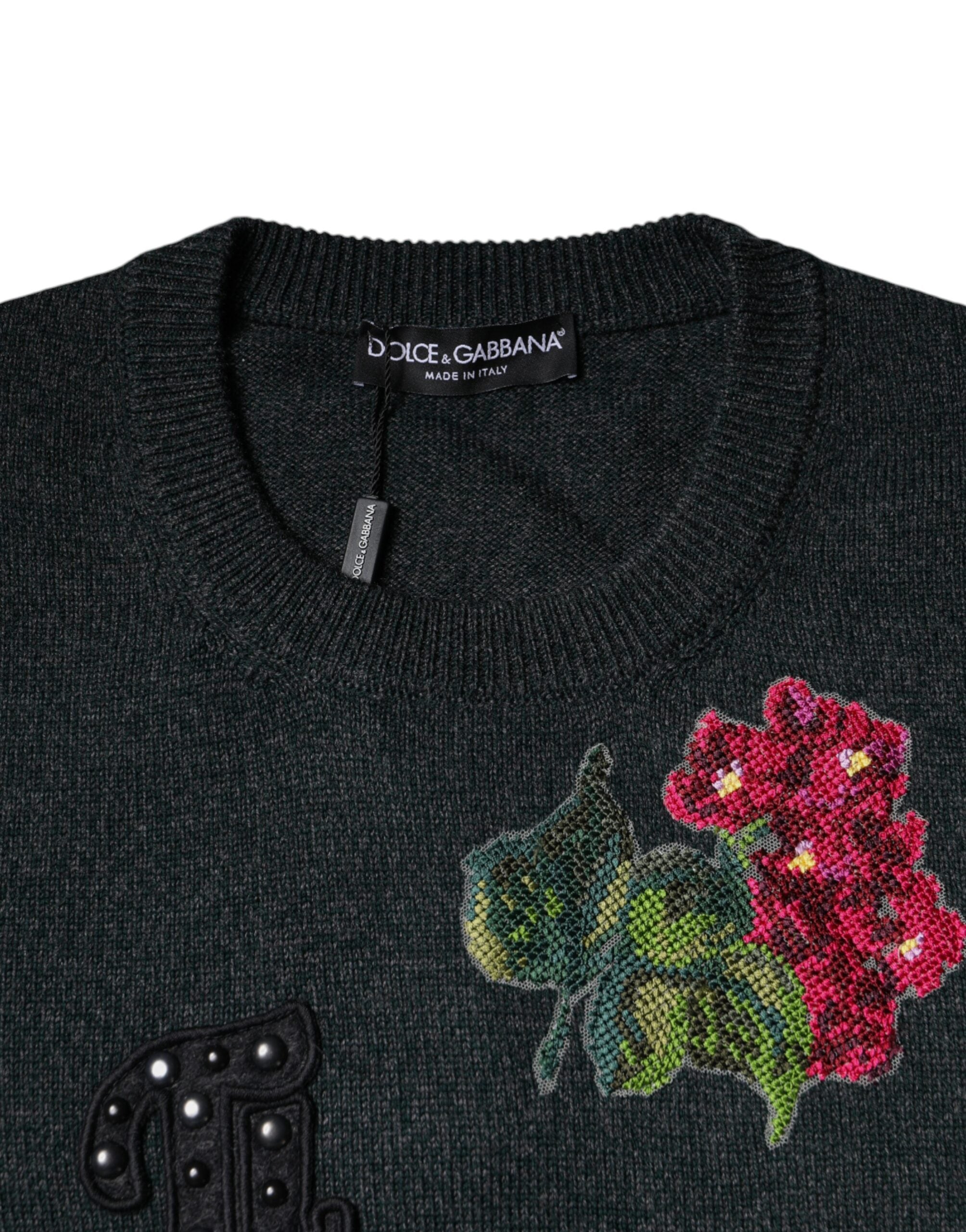 Gray Embellished Crew Neck Pullover Sweater - ventzia