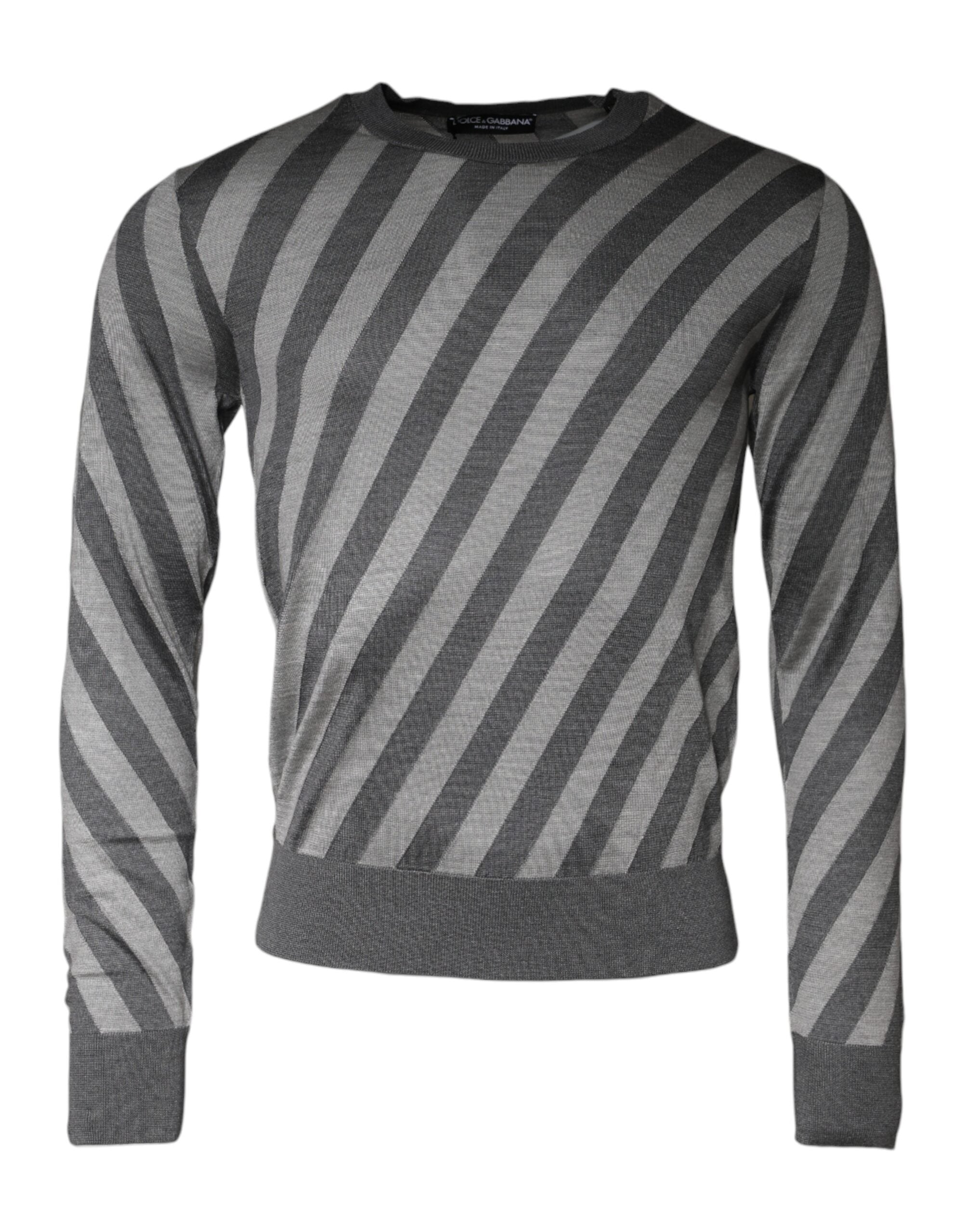 Gray Stripes Long Sleeve Round Neck Pullover Sweater - ventzia