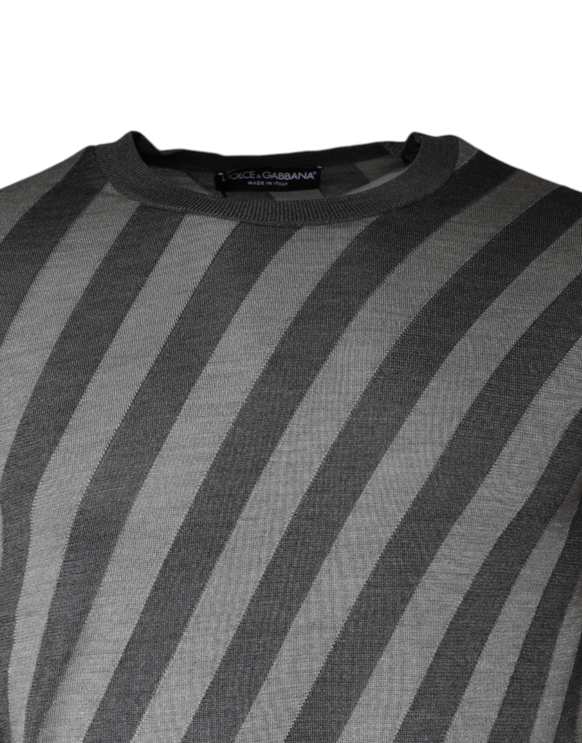 Gray Stripes Long Sleeve Round Neck Pullover Sweater - ventzia