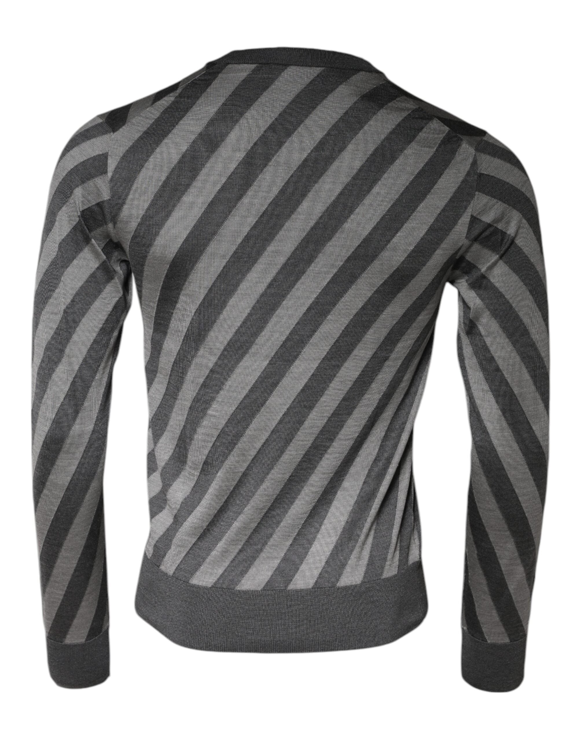 Gray Stripes Long Sleeve Round Neck Pullover Sweater - ventzia