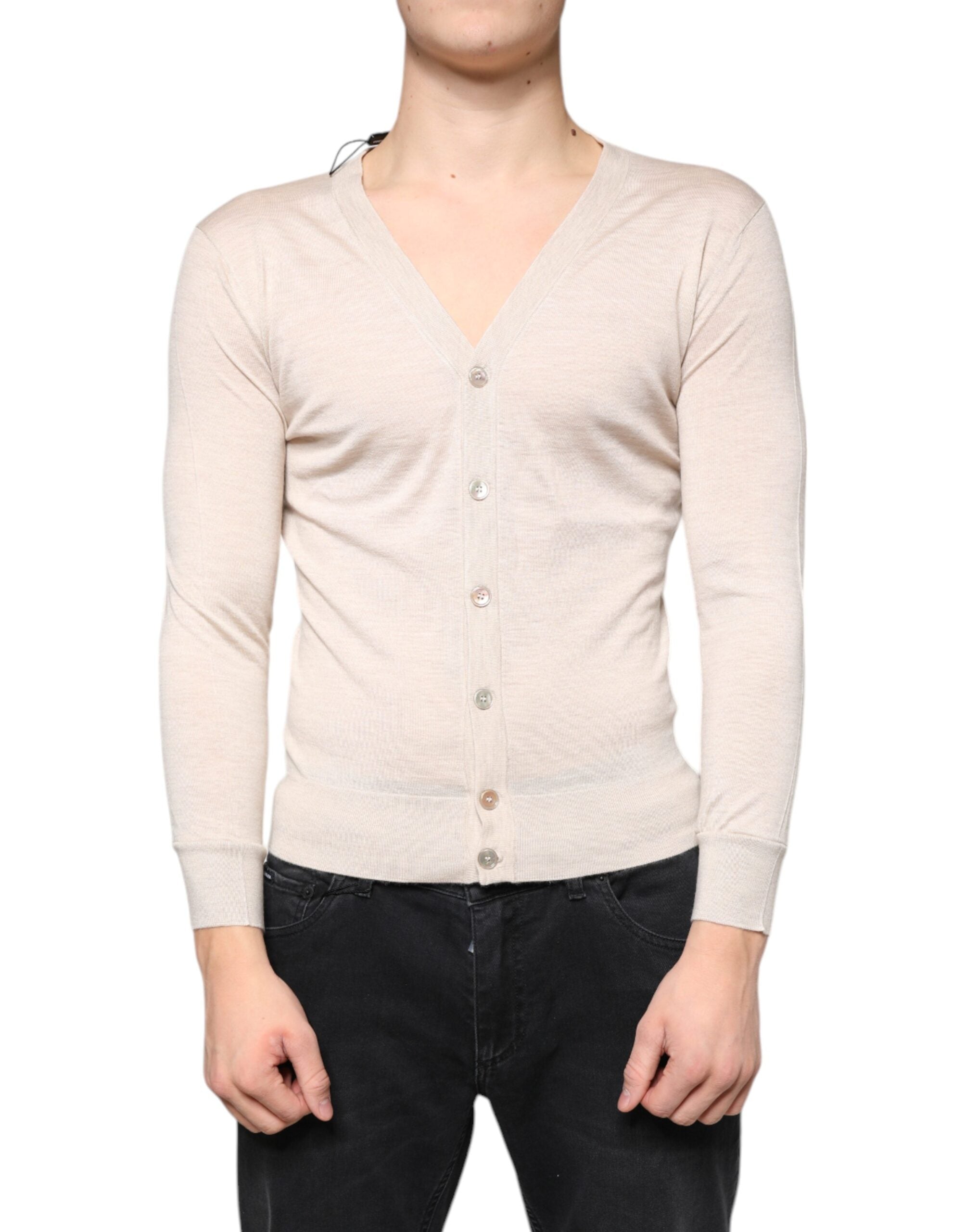 Beige Cashmere Button Down Cardigan Sweater - ventzia