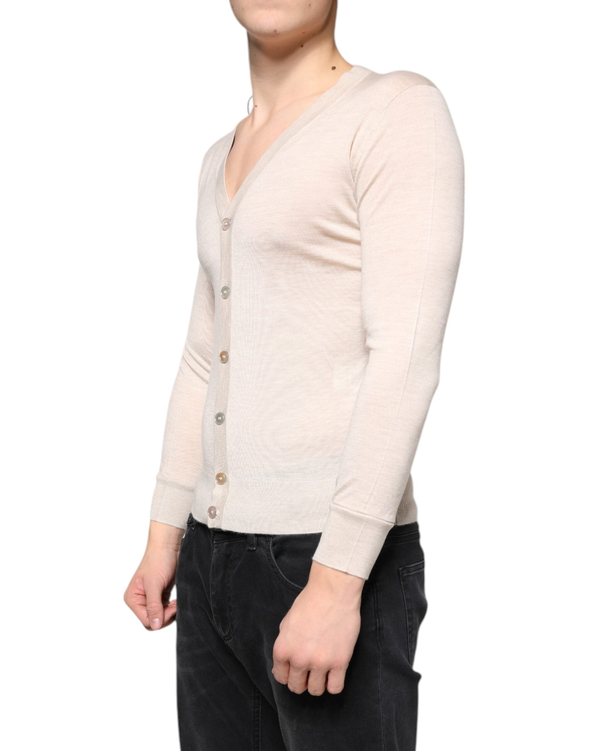 Beige Cashmere Button Down Cardigan Sweater - ventzia