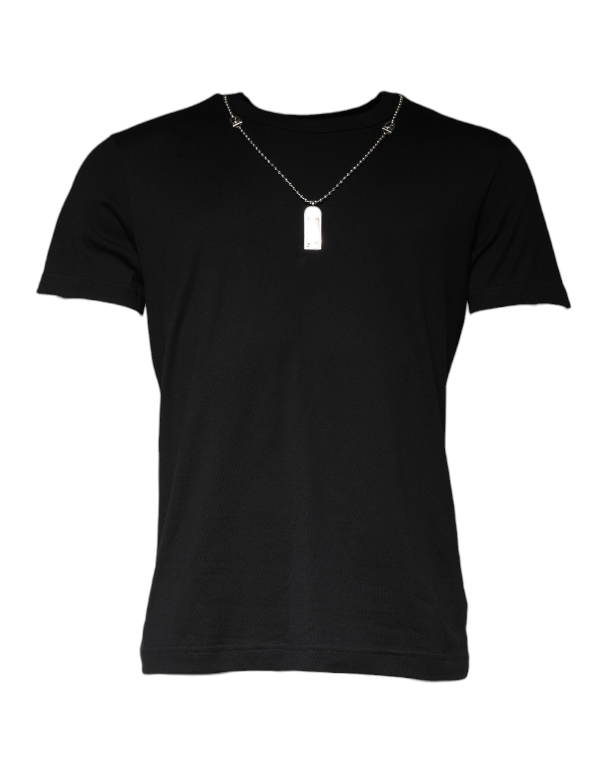 Black Cotton Necklace Embellished T-shirt - ventzia