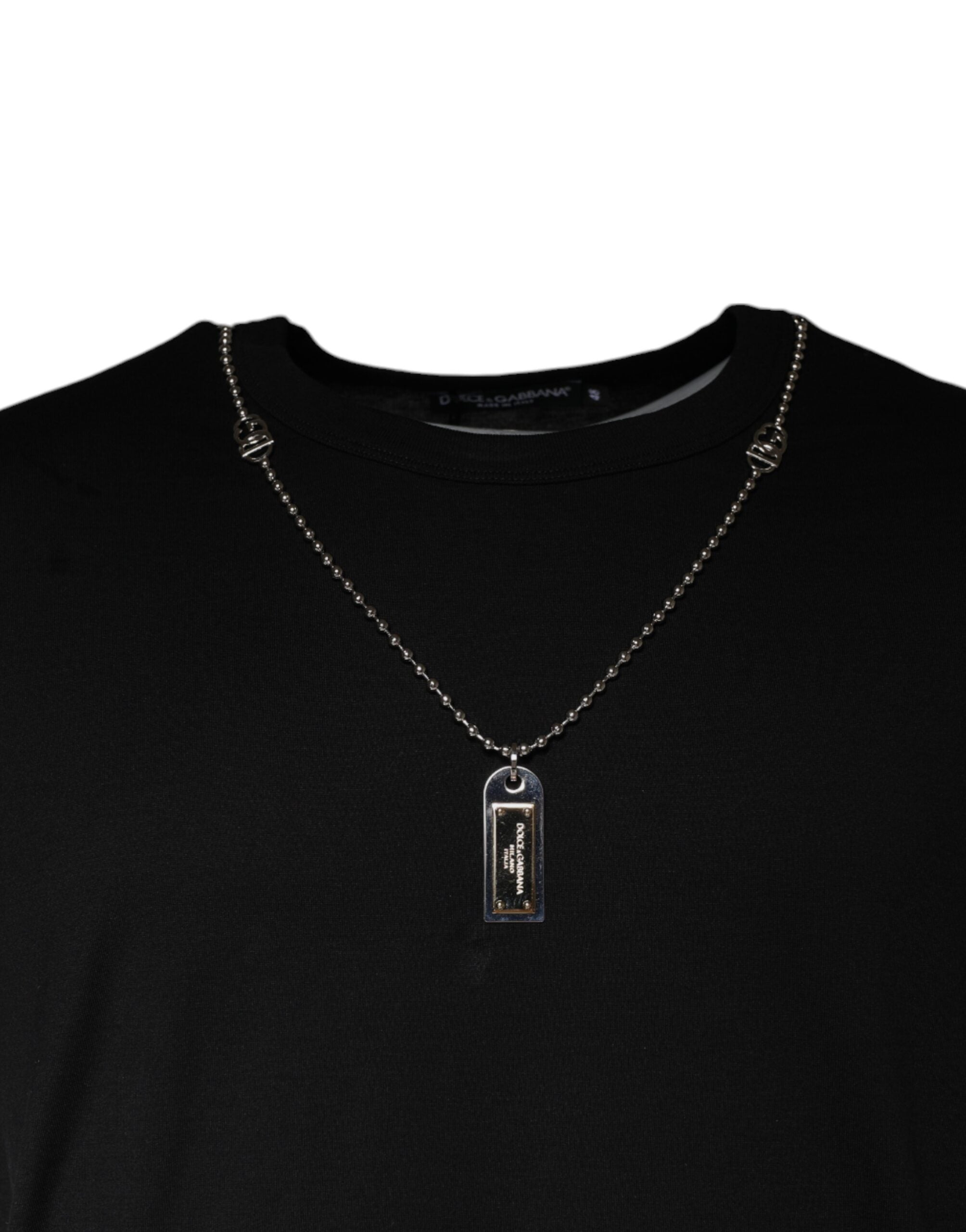 Black Cotton Necklace Embellished T-shirt - ventzia