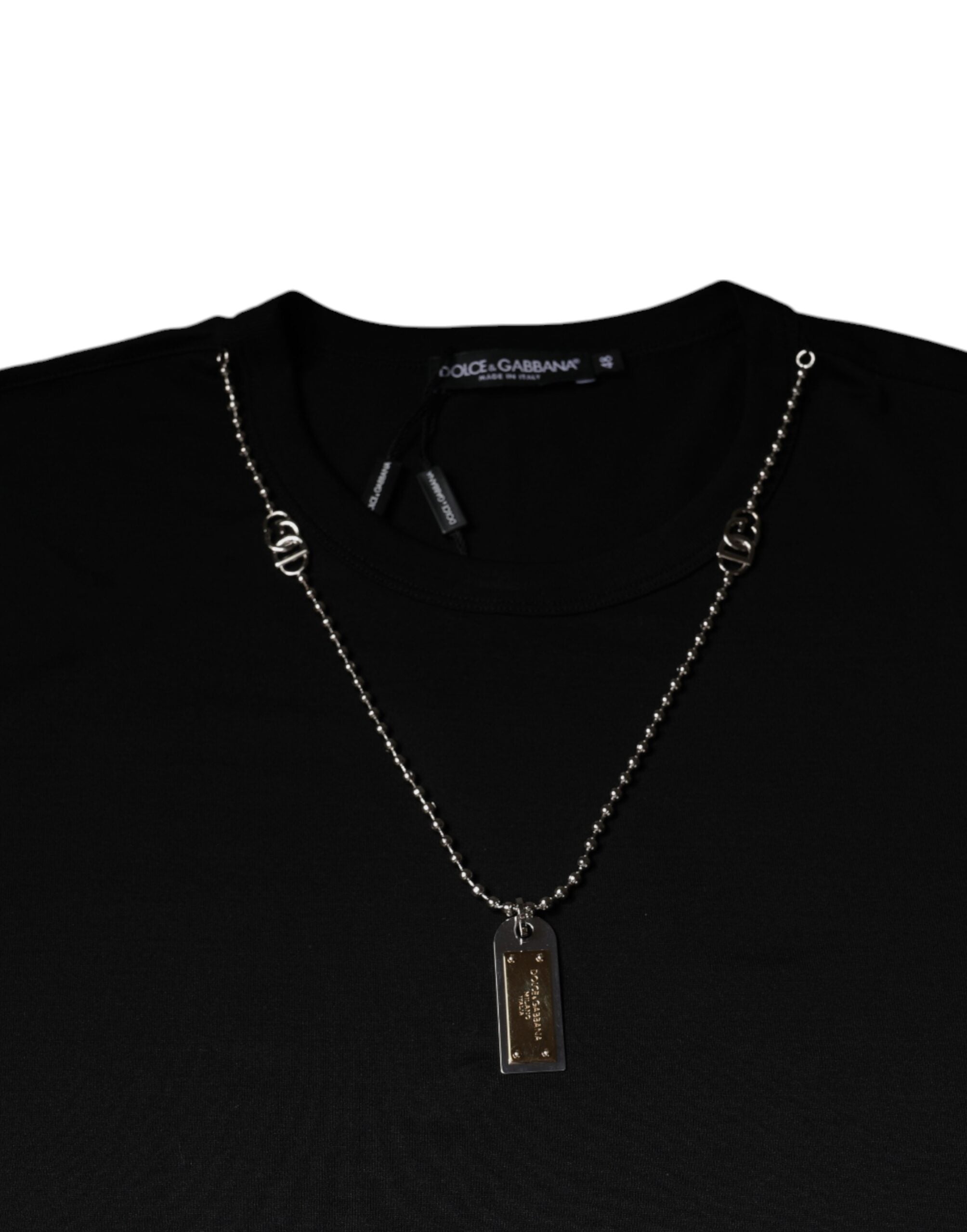 Black Cotton Necklace Embellished T-shirt - ventzia