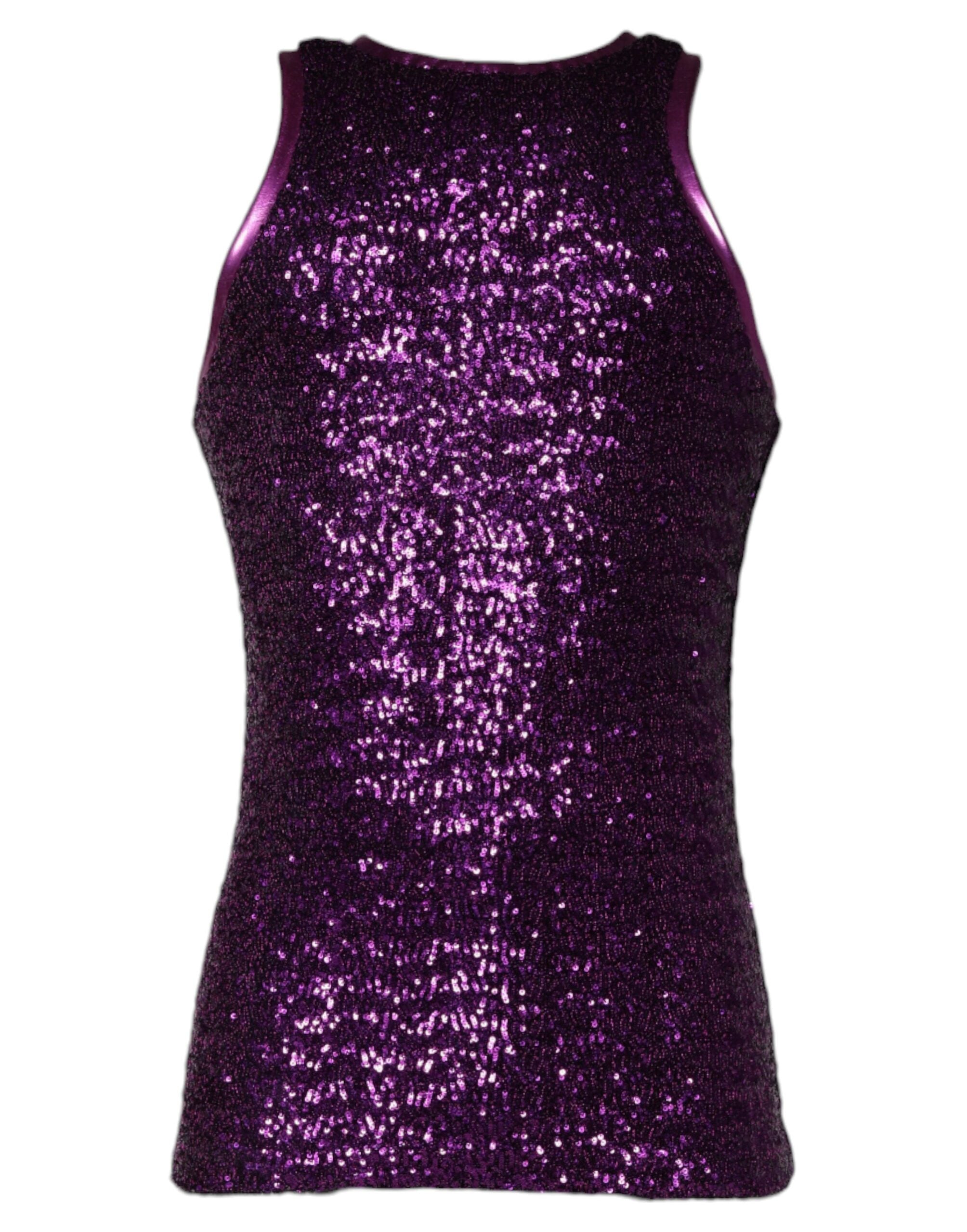 Purple Sequin Round Neck Sleeveless T-shirt - ventzia