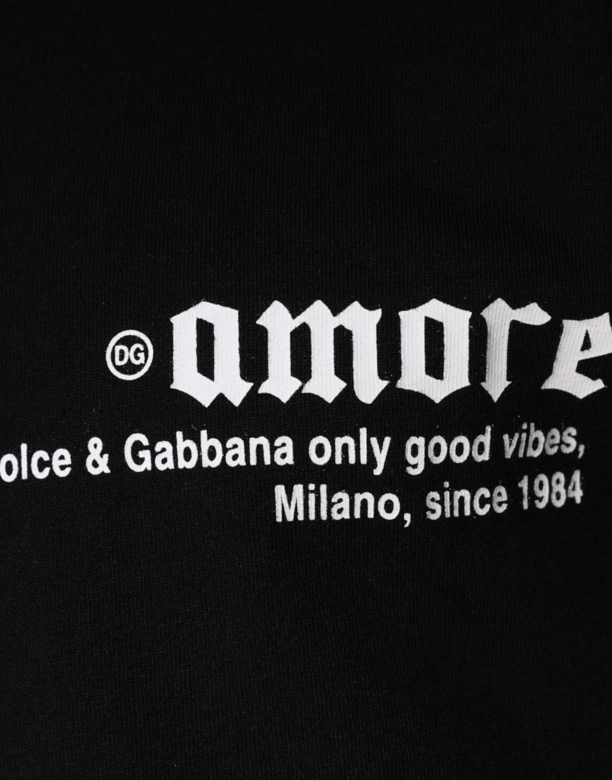 Black Amore Print Cotton Crew Neck T-shirt - ventzia