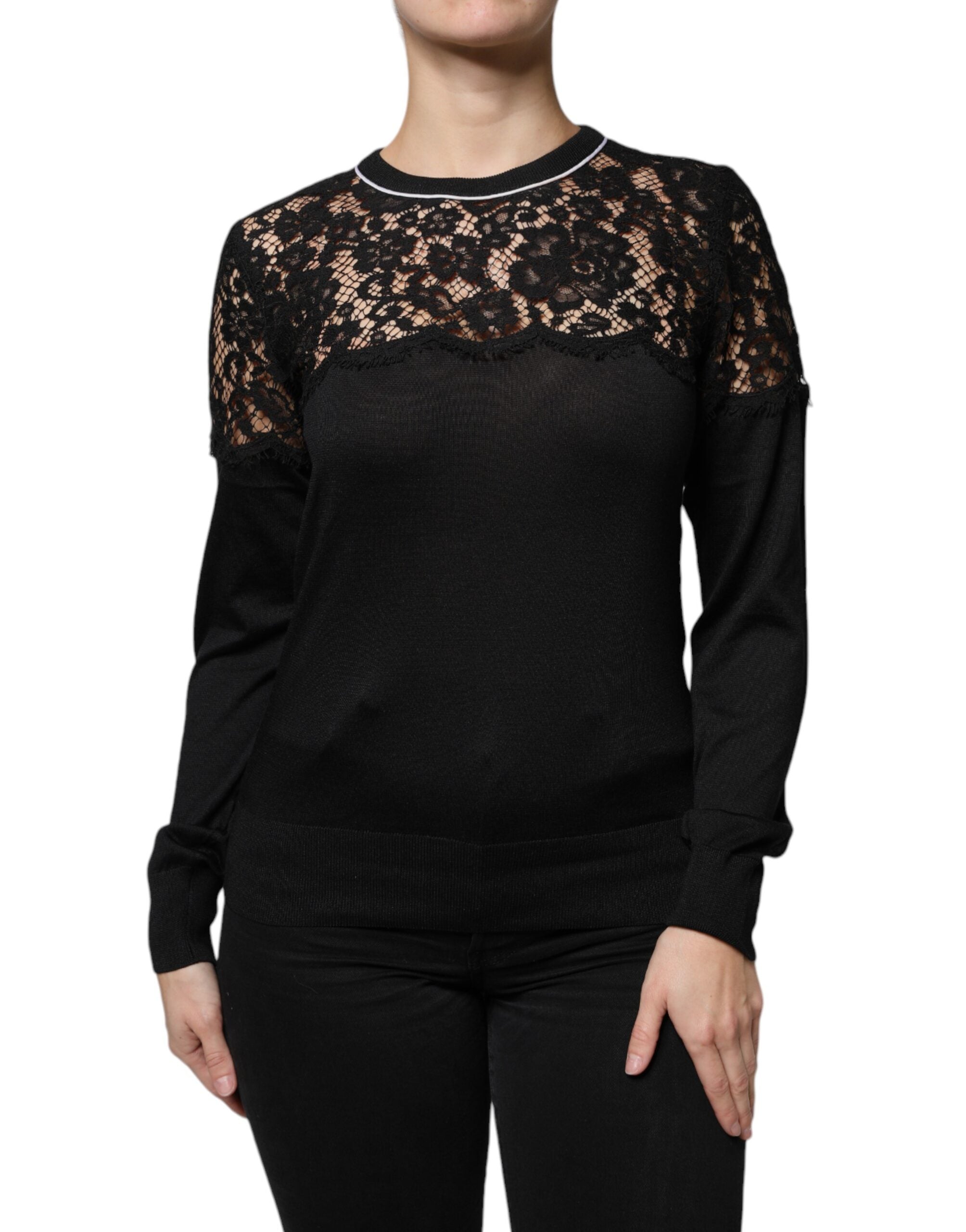 Black Floral Lace Silk Pullover Blouse Top - ventzia