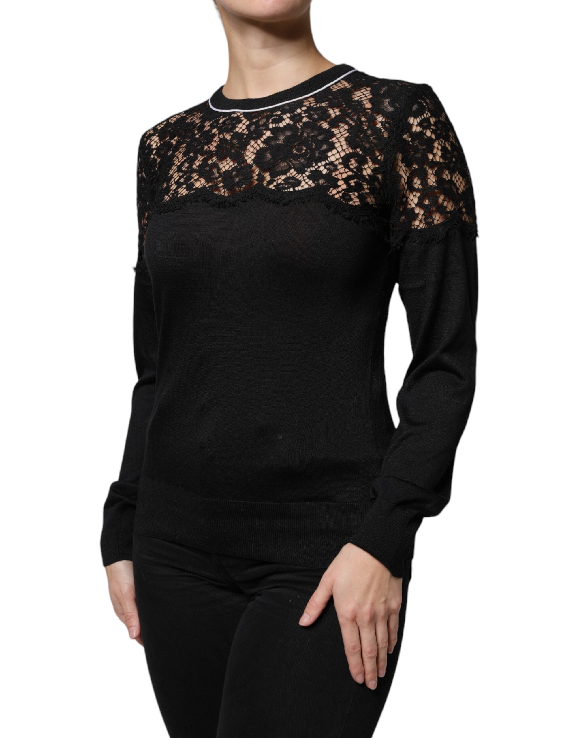 Black Floral Lace Silk Pullover Blouse Top - ventzia