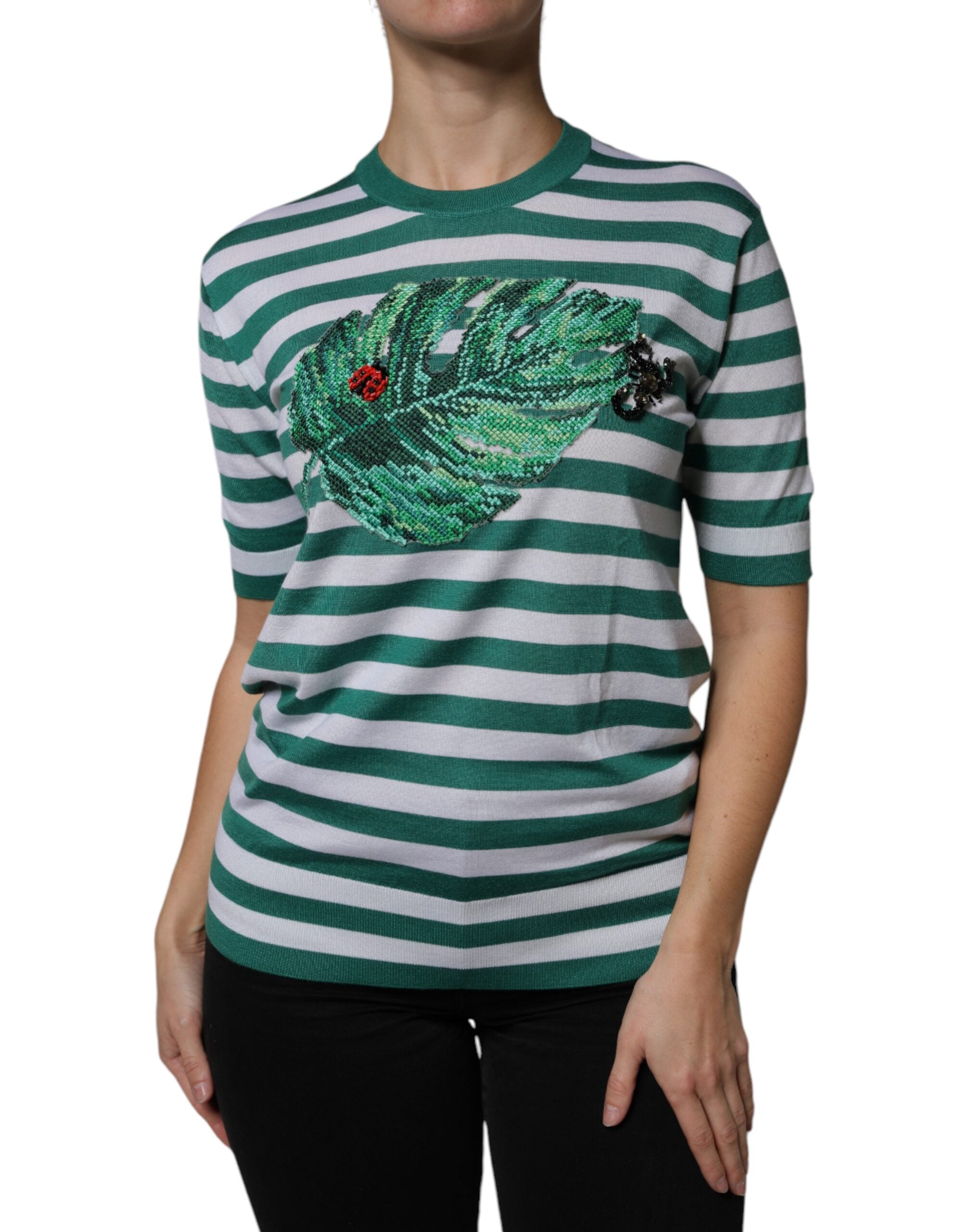 White Green Stripe Leaf Crew Neck T-shirt - ventzia