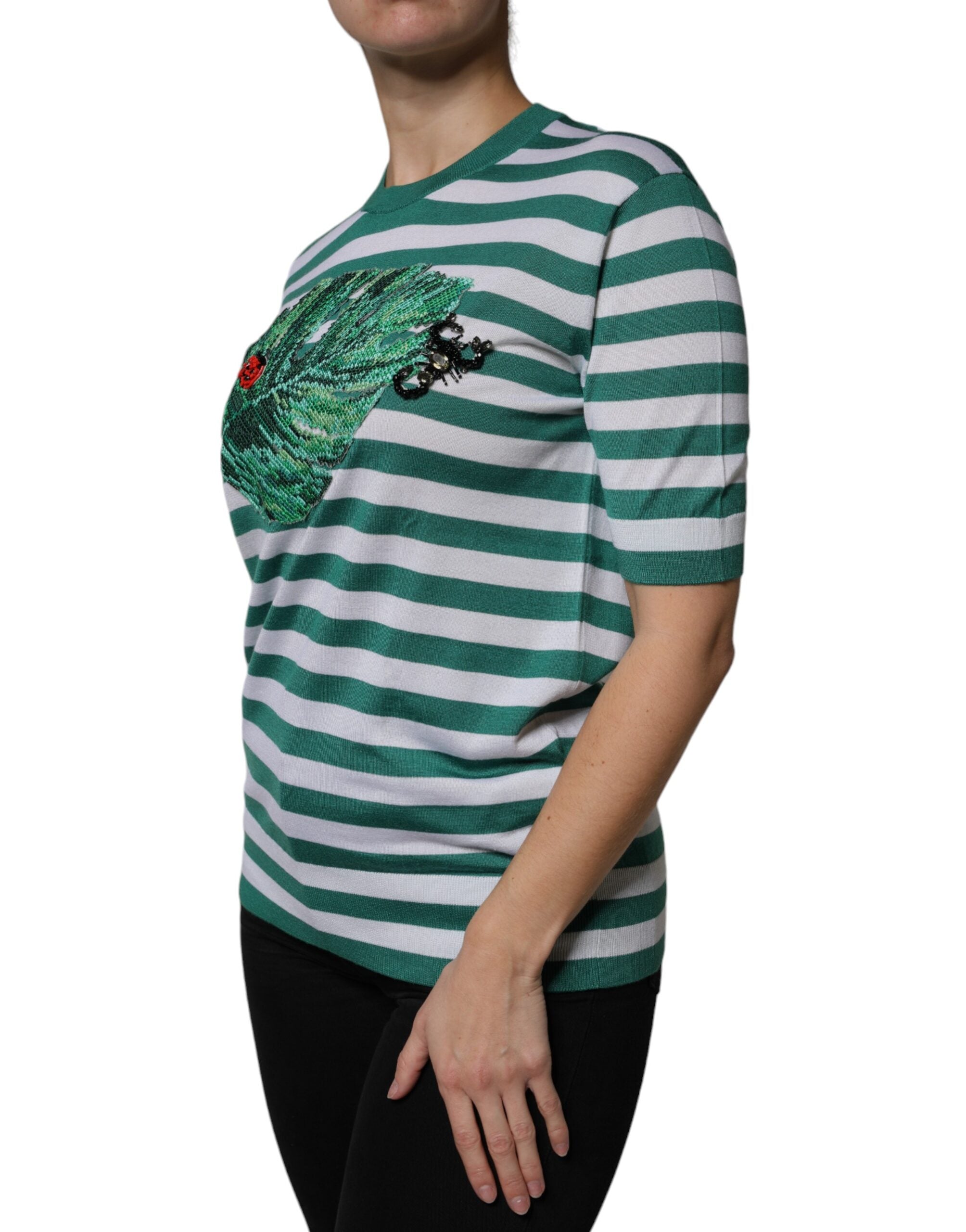 White Green Stripe Leaf Crew Neck T-shirt - ventzia