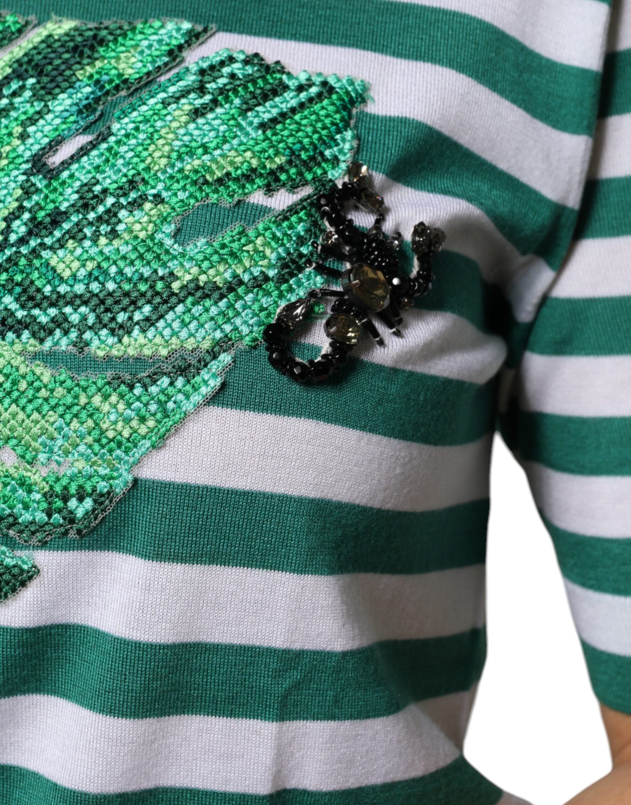 White Green Stripe Leaf Crew Neck T-shirt - ventzia