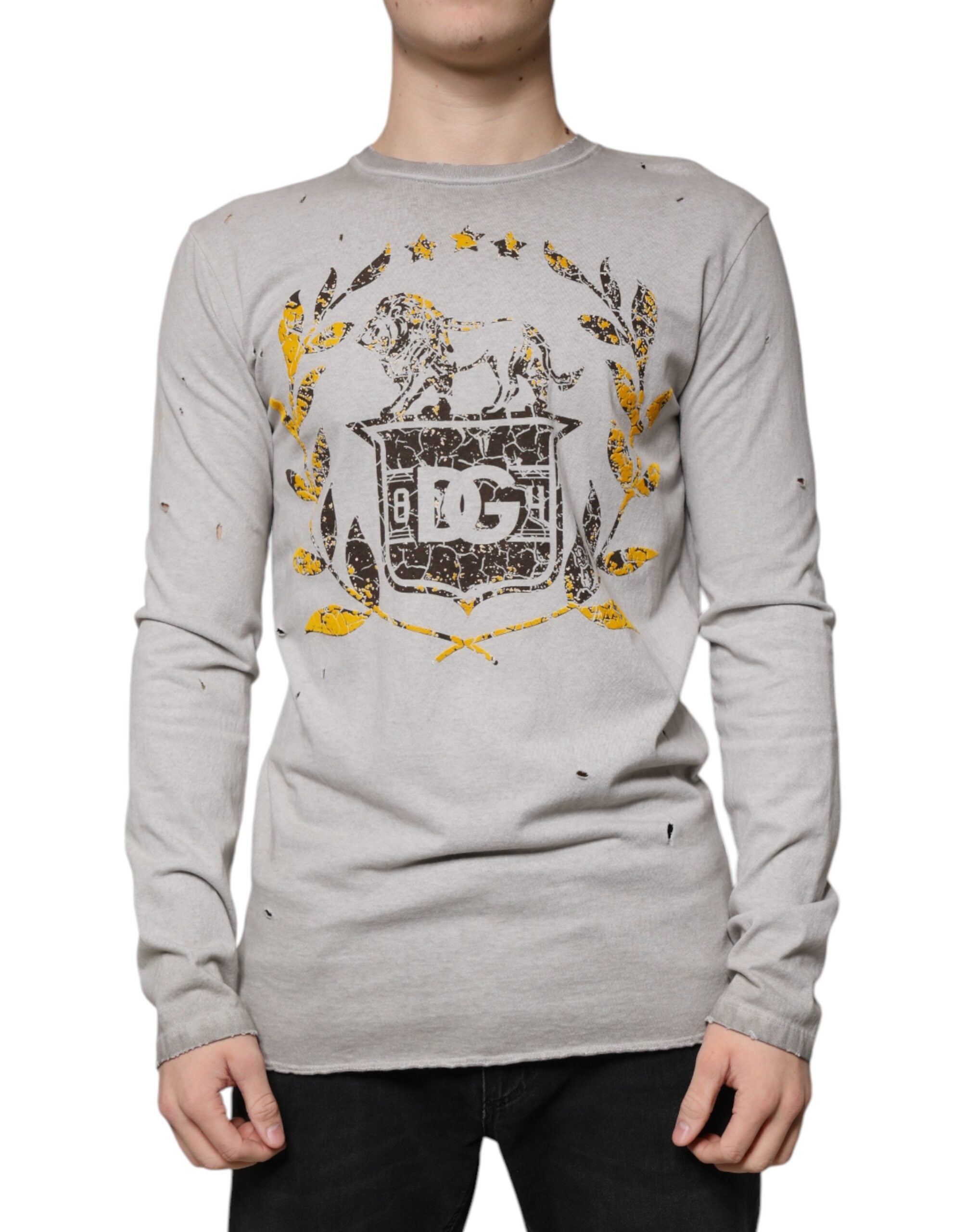Gray Printed Cotton Crewneck Pullover Sweater - ventzia