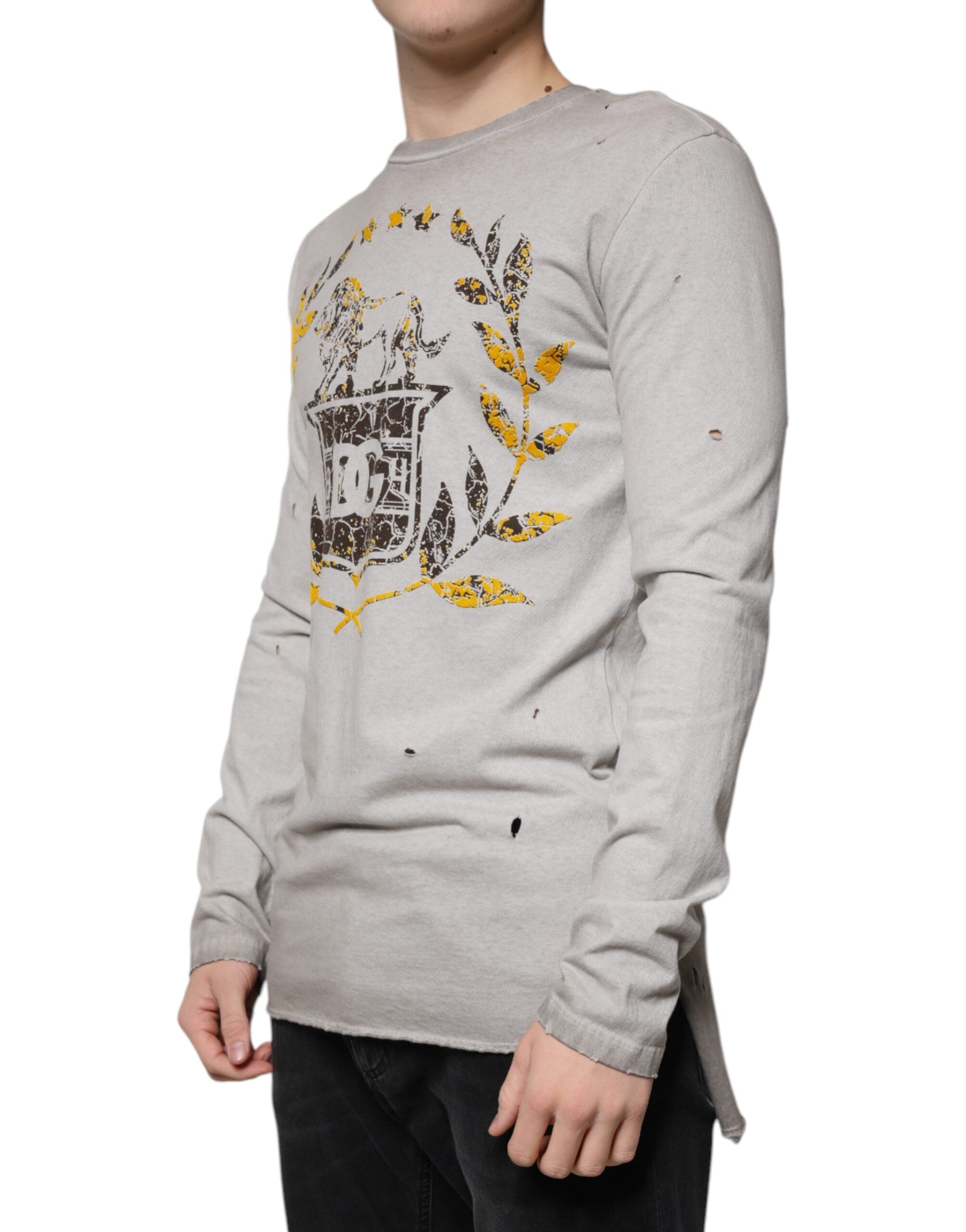 Gray Printed Cotton Crewneck Pullover Sweater - ventzia