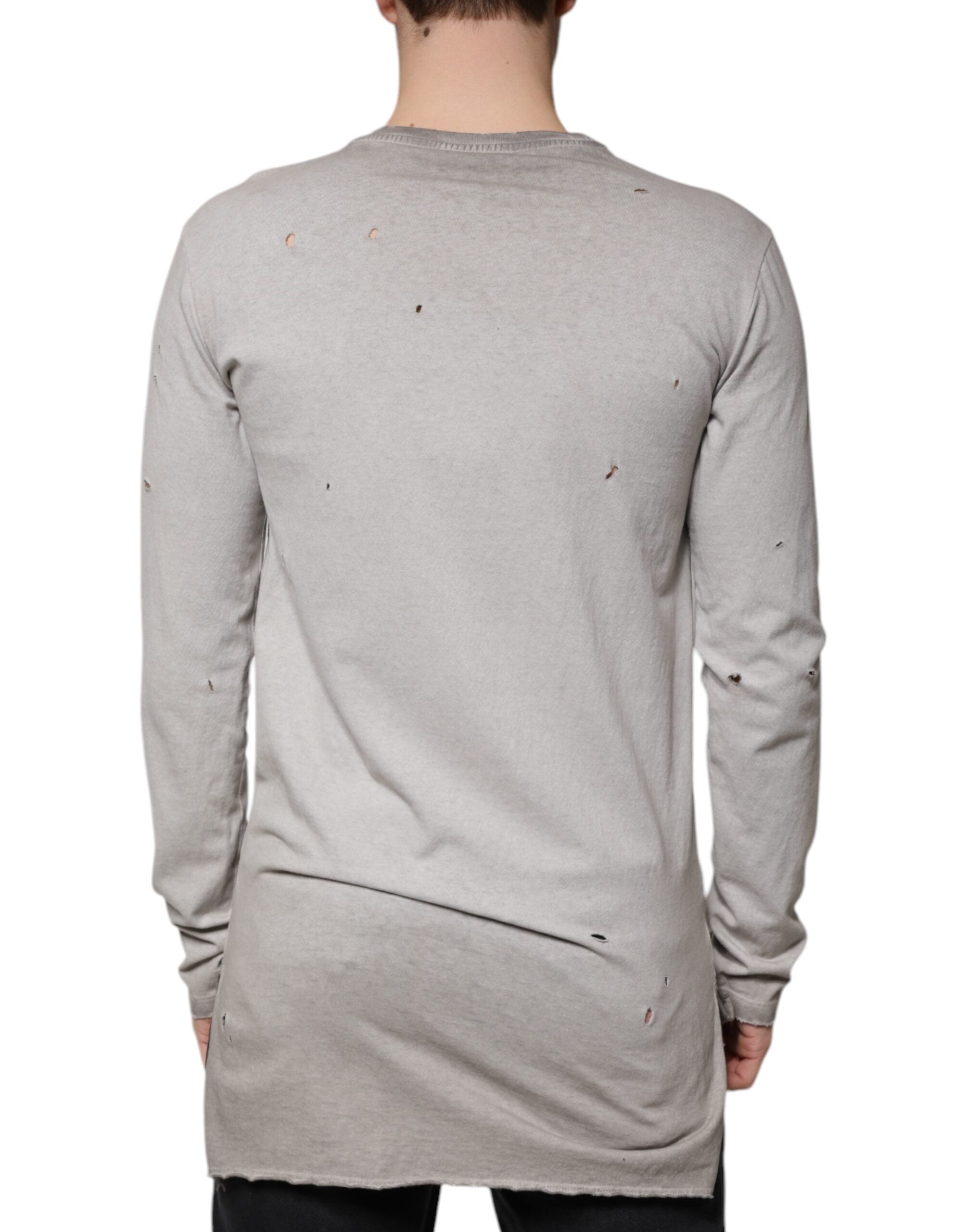 Gray Printed Cotton Crewneck Pullover Sweater - ventzia
