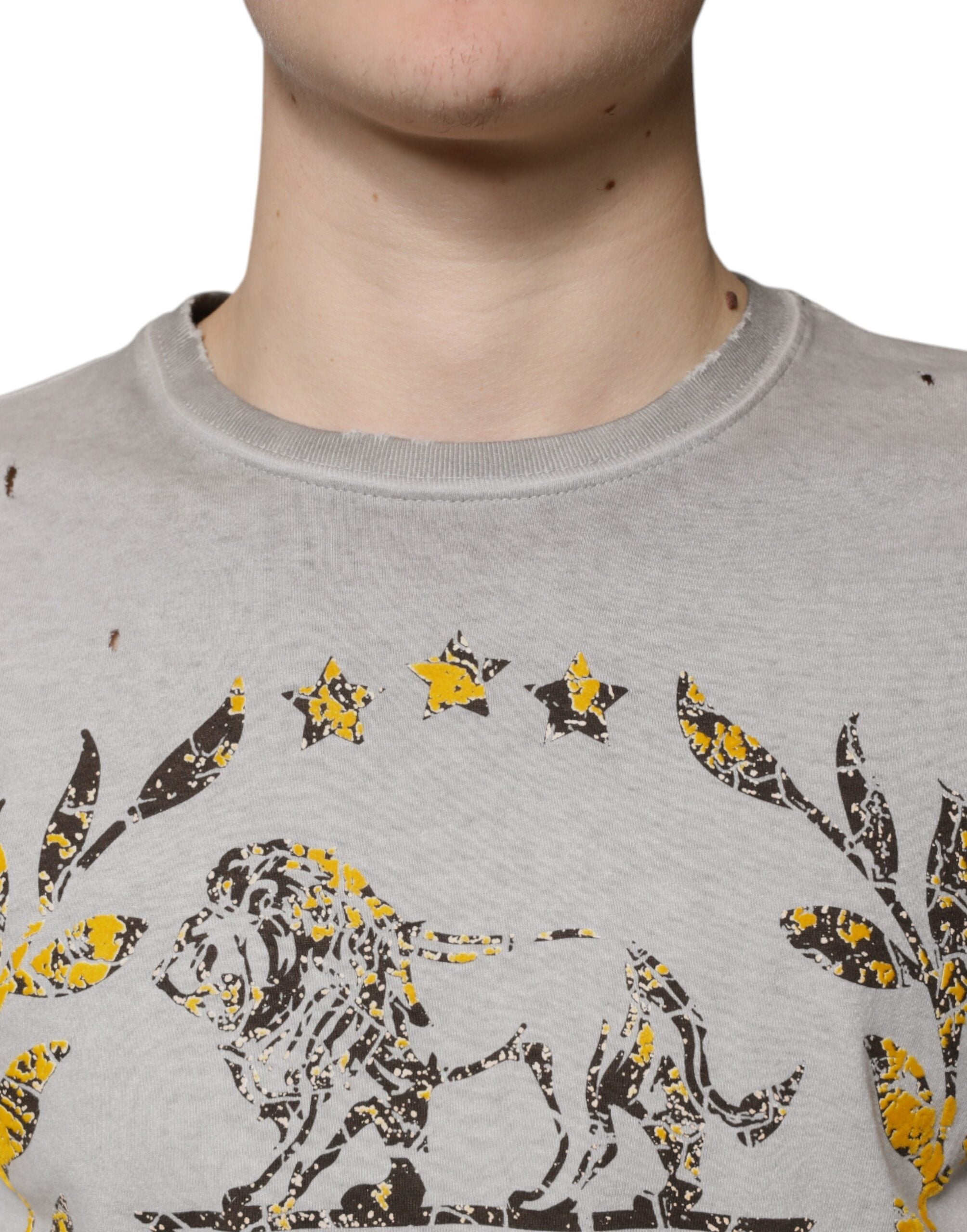 Gray Printed Cotton Crewneck Pullover Sweater - ventzia