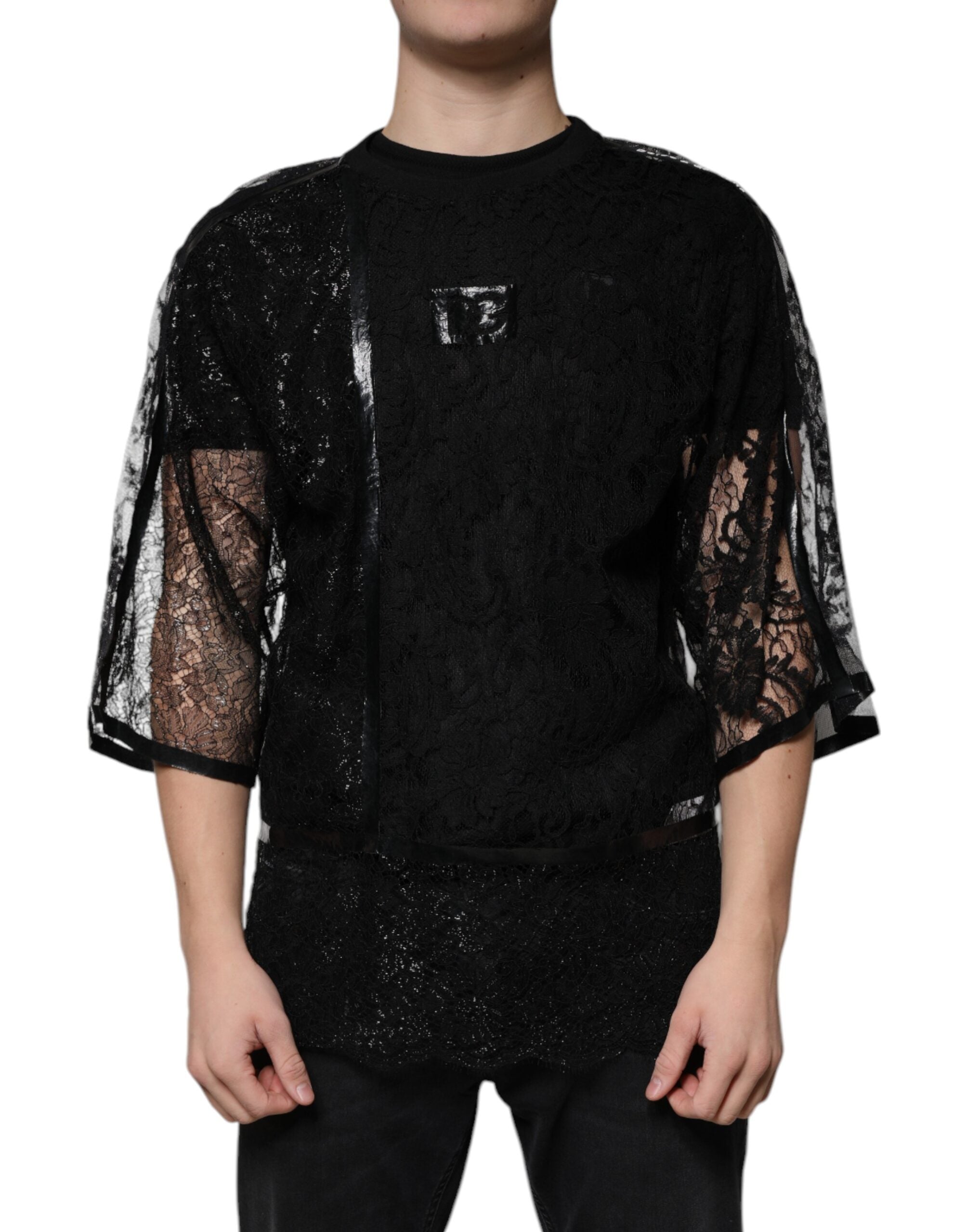 Black Nylon Floral Lace Crew Neck T-shirt - ventzia