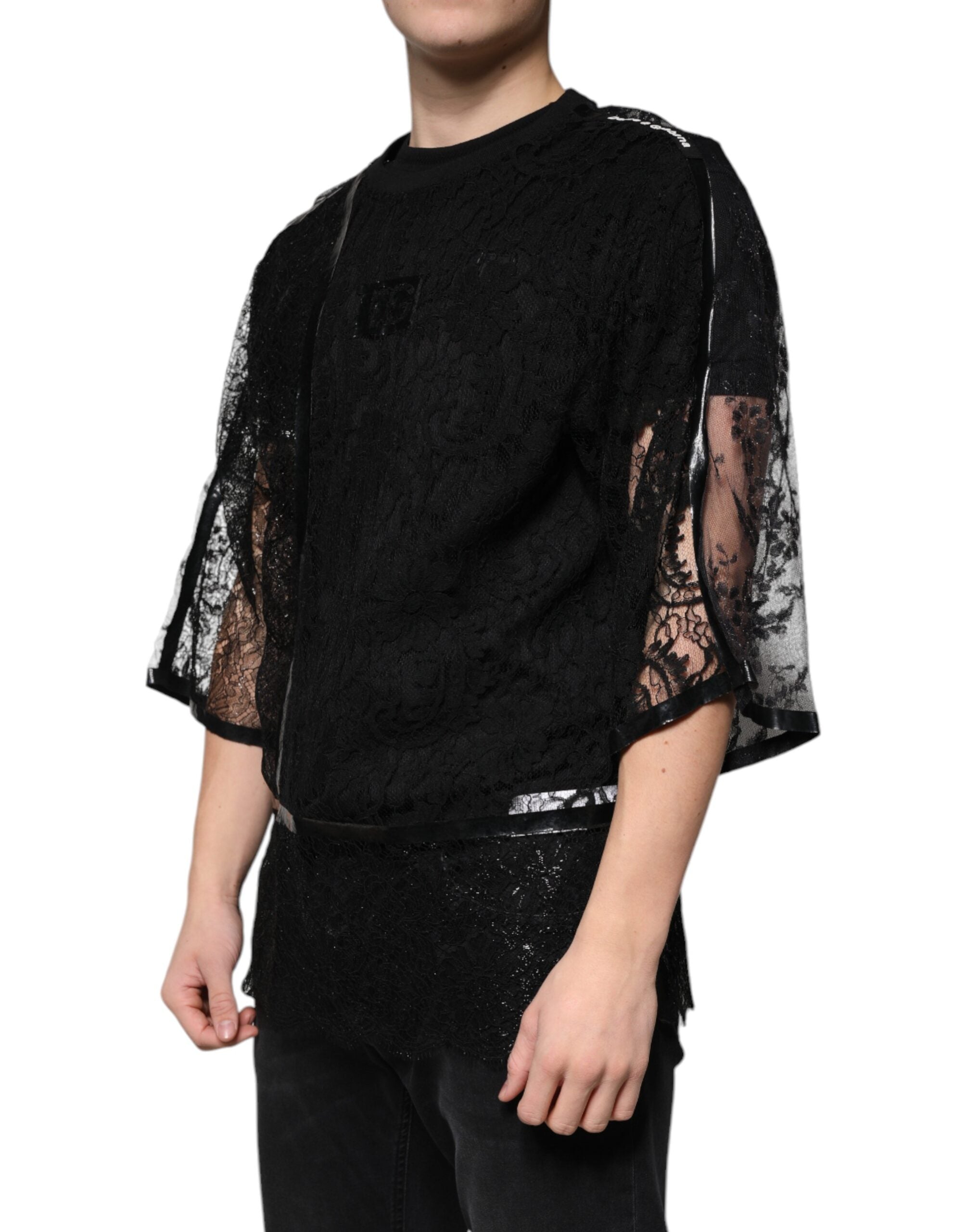 Black Nylon Floral Lace Crew Neck T-shirt - ventzia