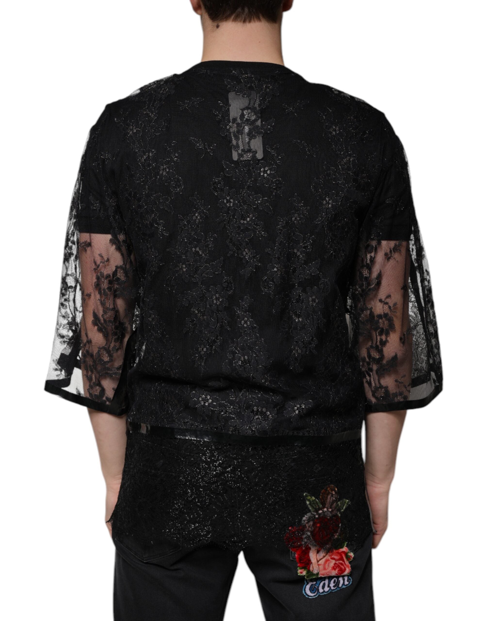 Black Nylon Floral Lace Crew Neck T-shirt - ventzia