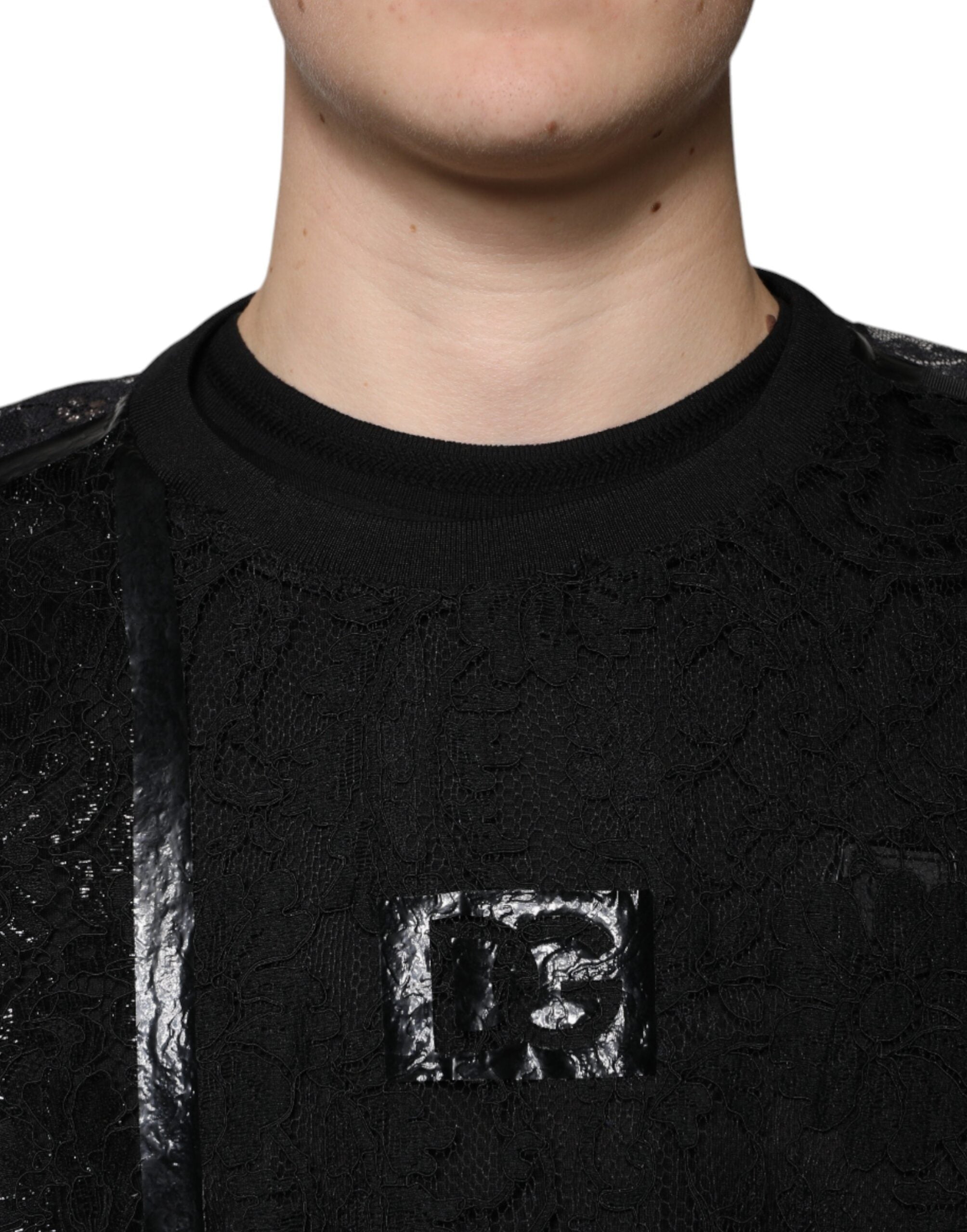 Black Nylon Floral Lace Crew Neck T-shirt - ventzia