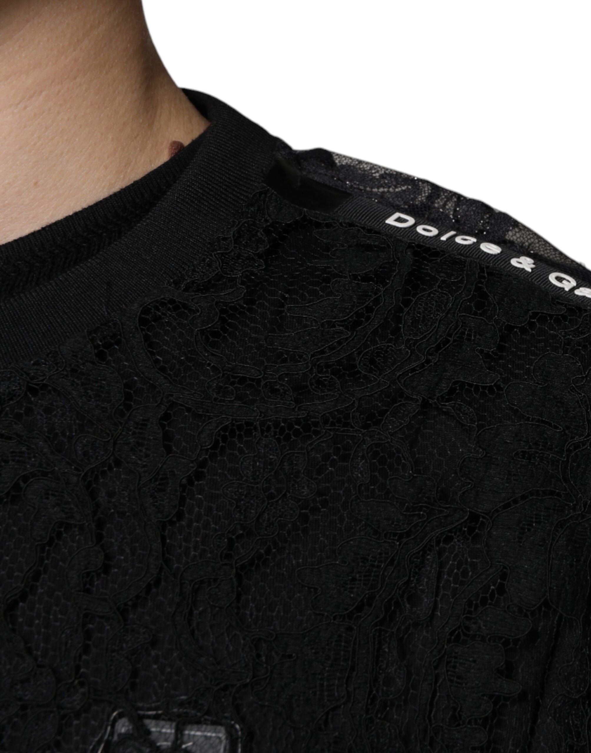 Black Nylon Floral Lace Crew Neck T-shirt - ventzia