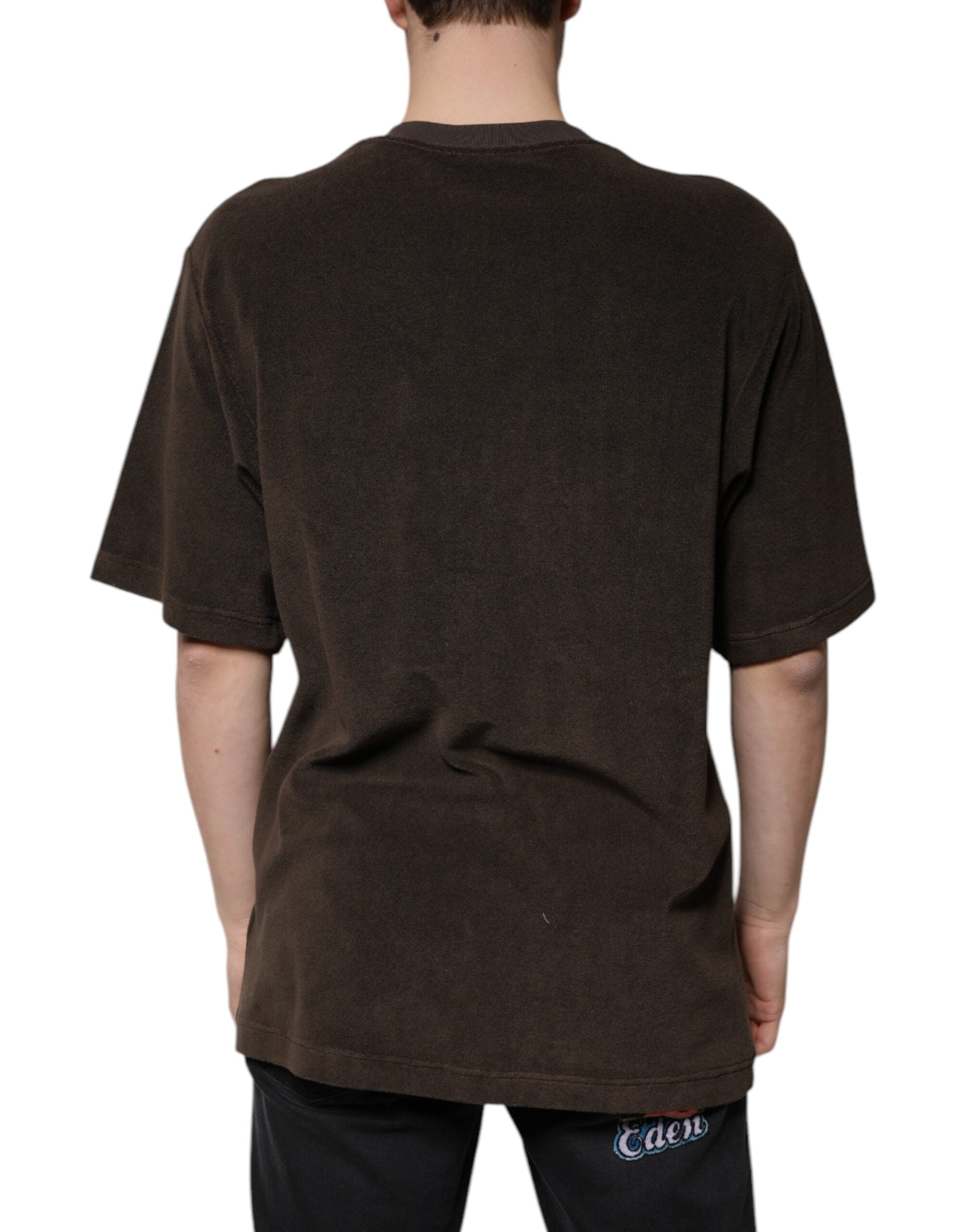 Brown Cotton Crew Neck Short Sleeves T-shirt - ventzia