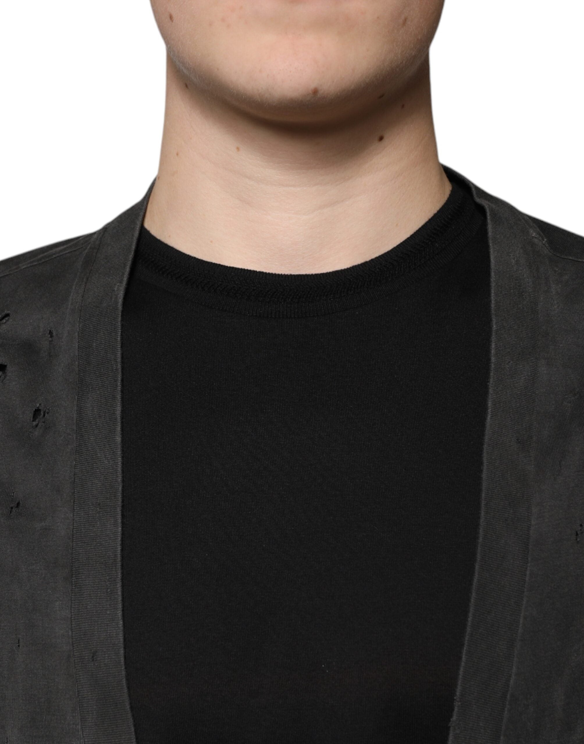 Black Cotton Crew Neck Short Sleeves T-shirt - ventzia