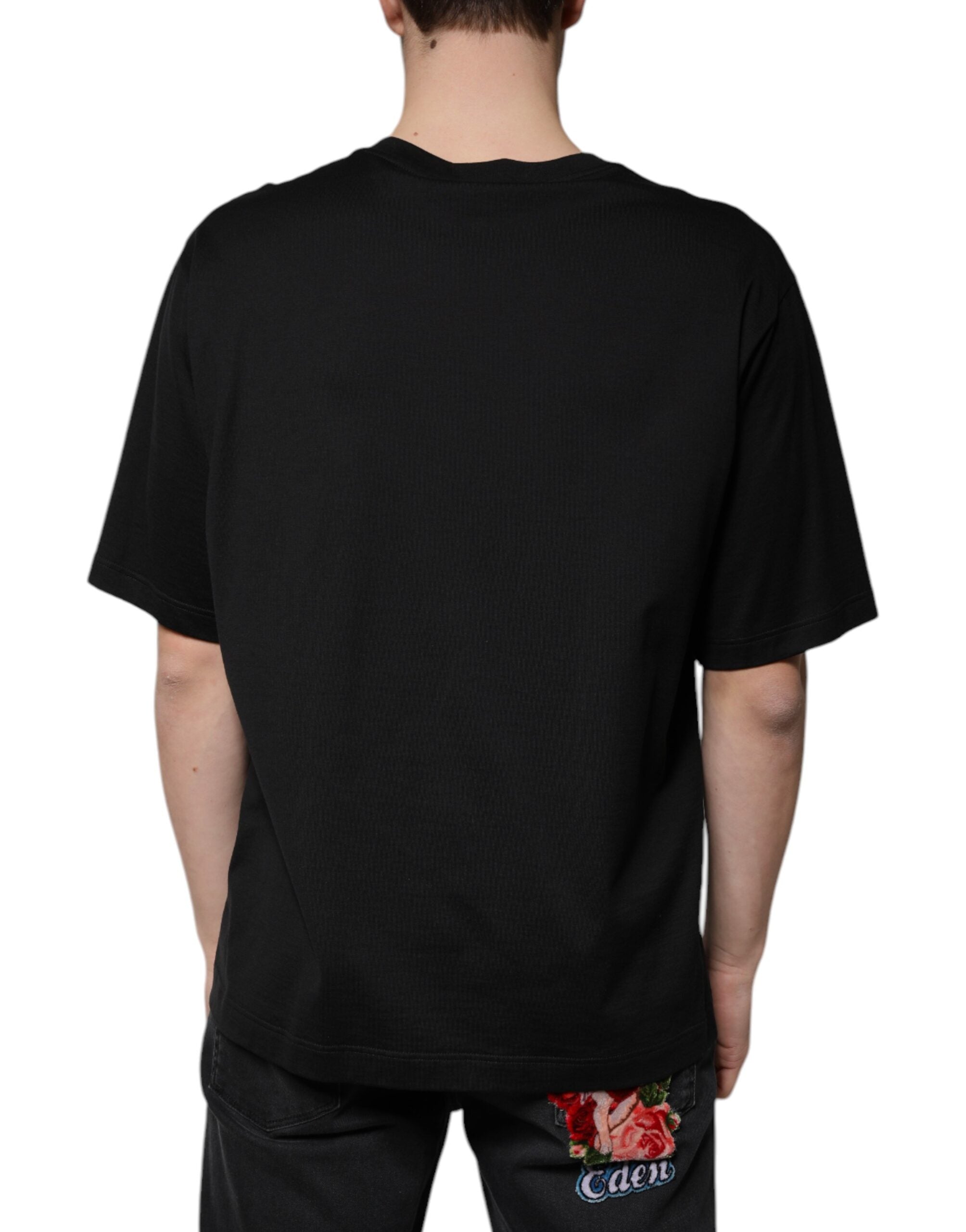 Black Cotton Crew Neck Short Sleeves T-shirt - ventzia