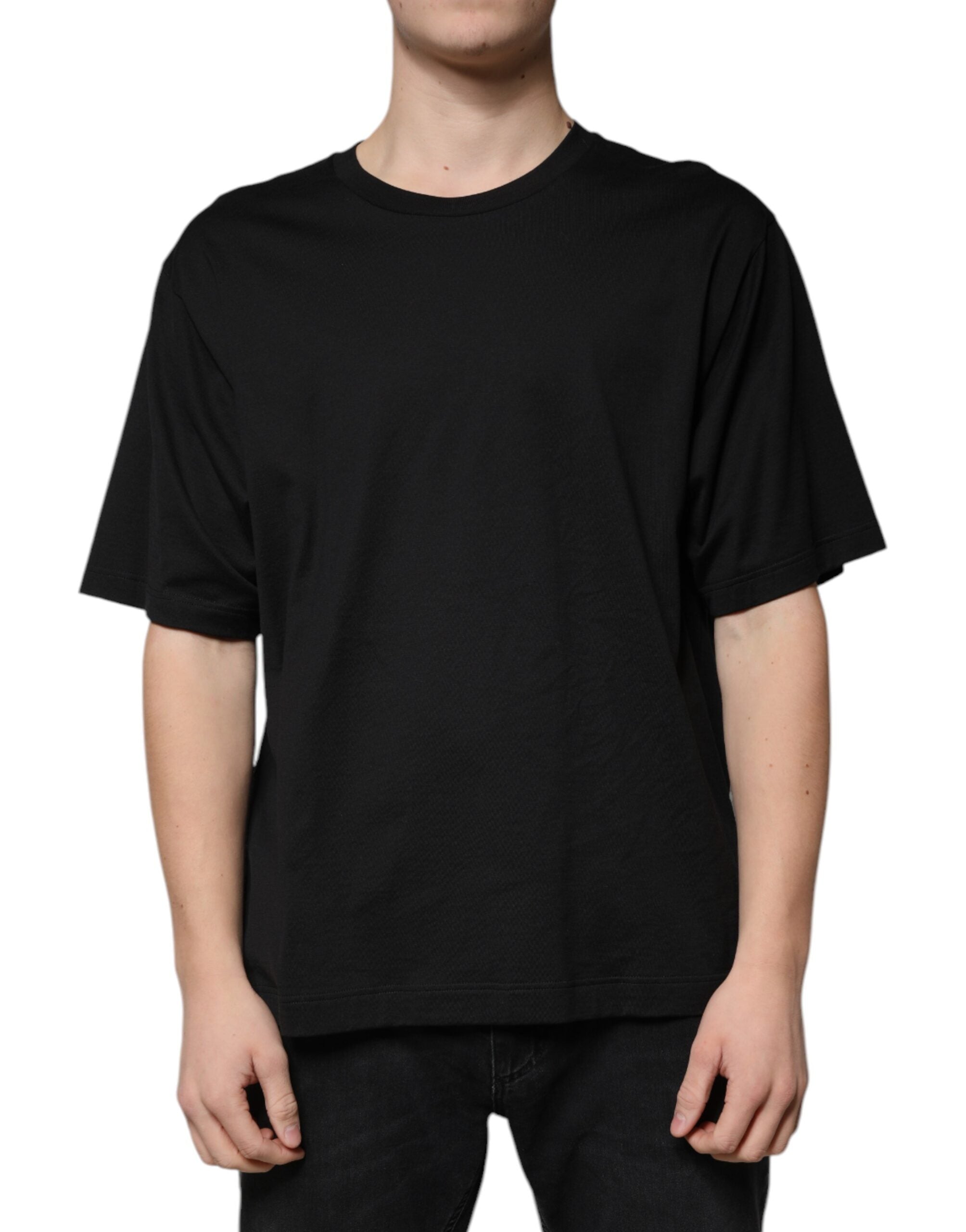 Black Cotton Crew Neck Short Sleeves T-shirt - ventzia