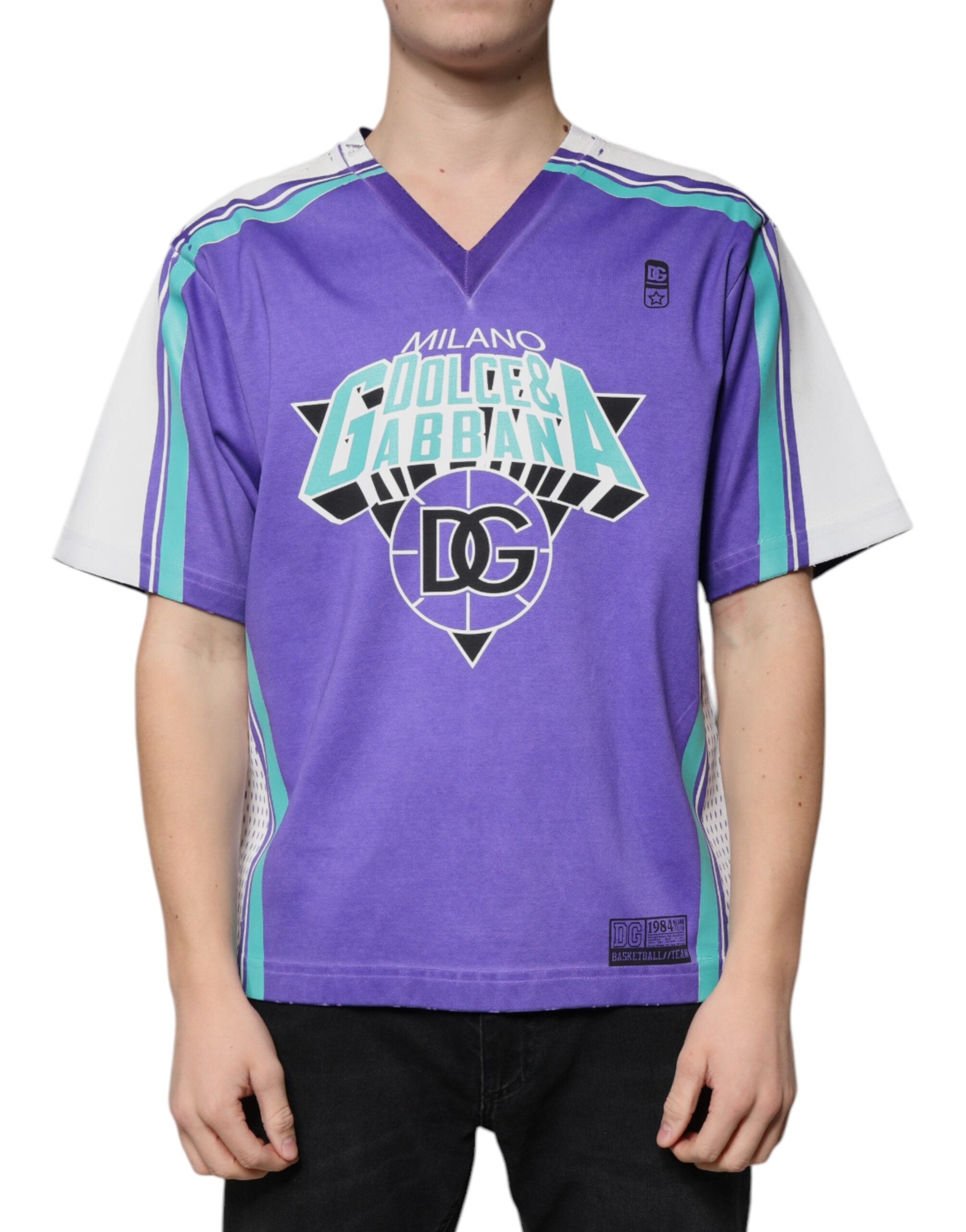 Purple Logo Jersey Cotton V-neck T-shirt - ventzia