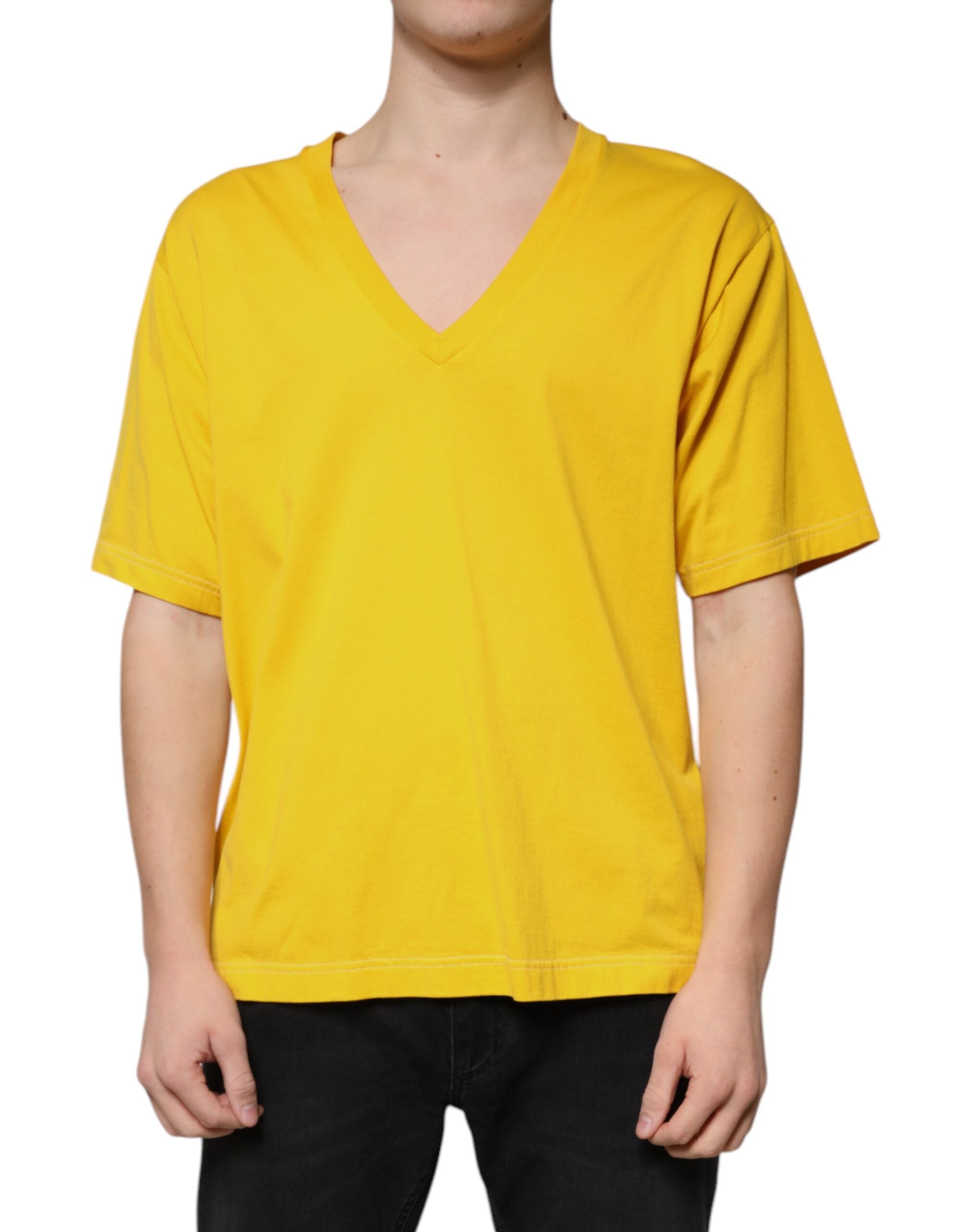 Yellow Cotton V-neck Short Sleeves T-shirt - ventzia